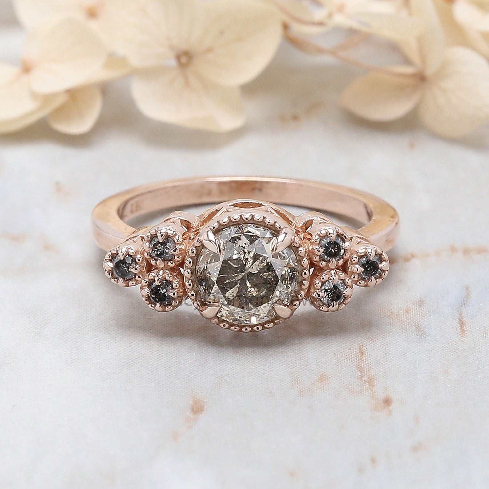 Round Cut Salt And Pepper Diamond Ring 1.57 Ct 6.90 MM Round Diamond Ring 14K Solid Rose Gold Silver Engagement Ring Gift For Her QL8546
