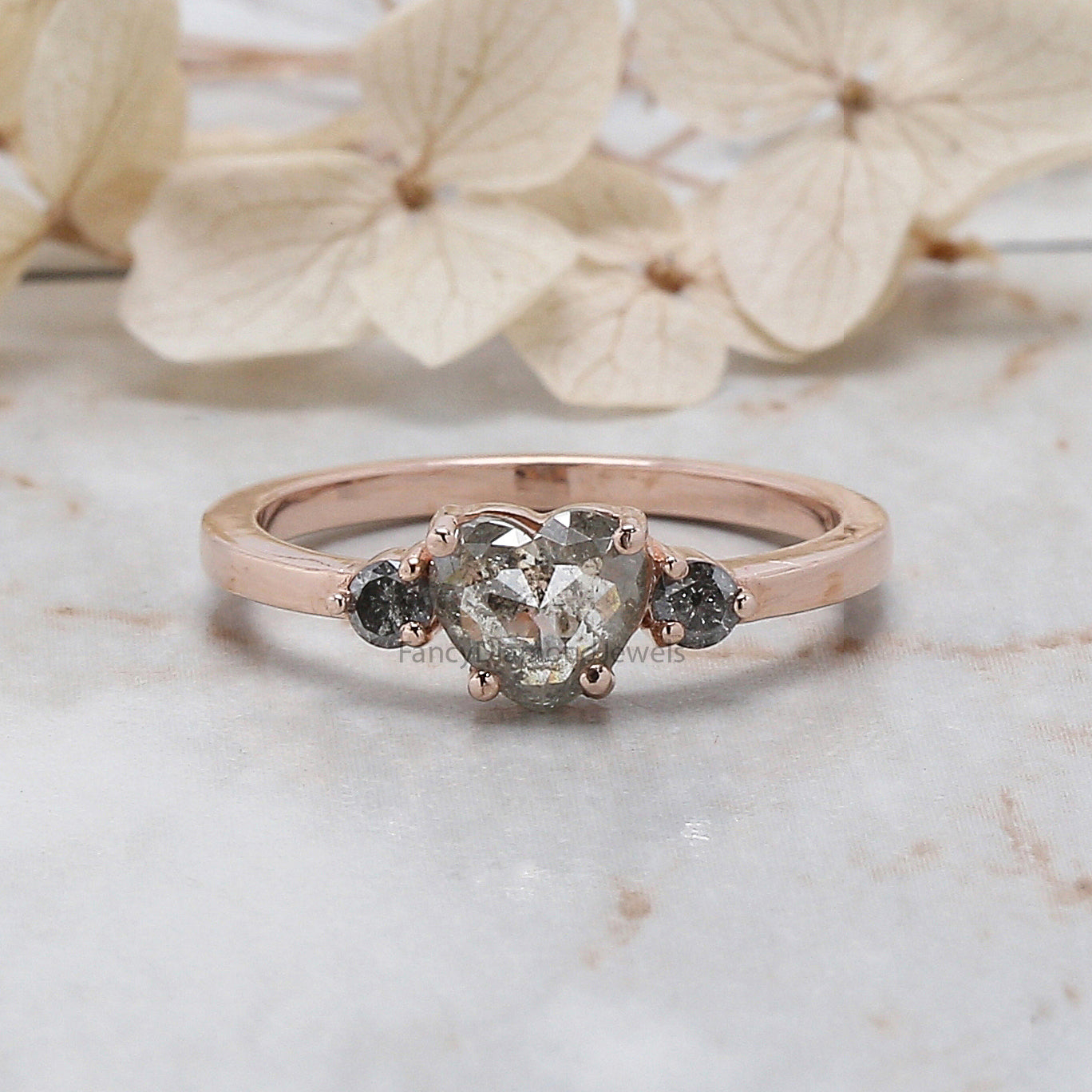 Heart Salt And Pepper Diamond Ring 0.69 Ct 5.60 MM Heart Shape Diamond Ring 14K Solid Rose Gold Silver Engagement Ring Gift For Her QL1624