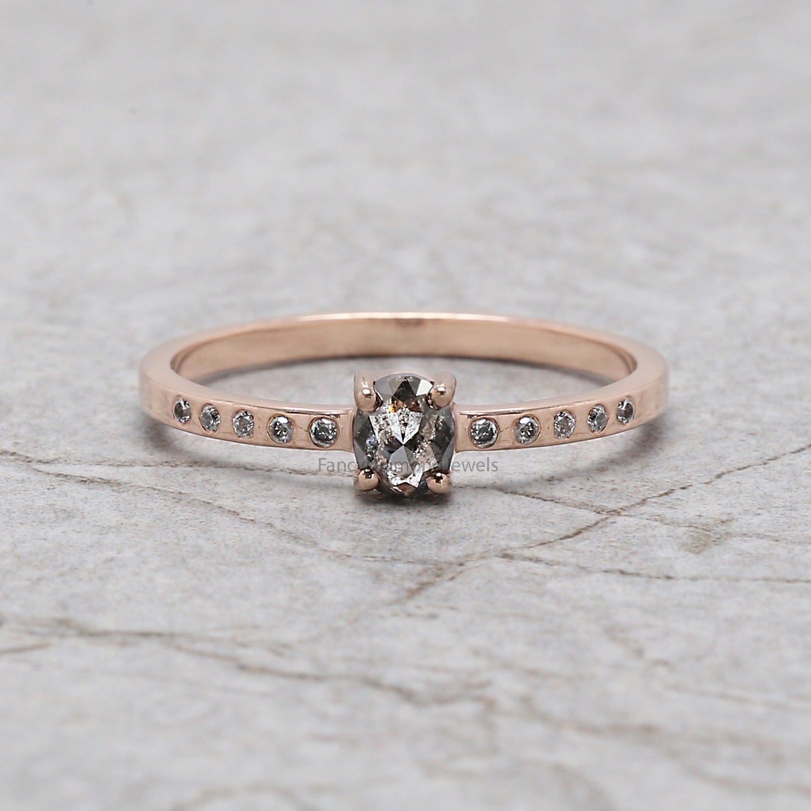 Oval Cut Salt And Pepper Diamond Ring 0.32 Ct 4.50 MM Oval Diamond Ring 14K Solid Rose Gold Silver Oval Engagement Ring Gift For Her QN9185