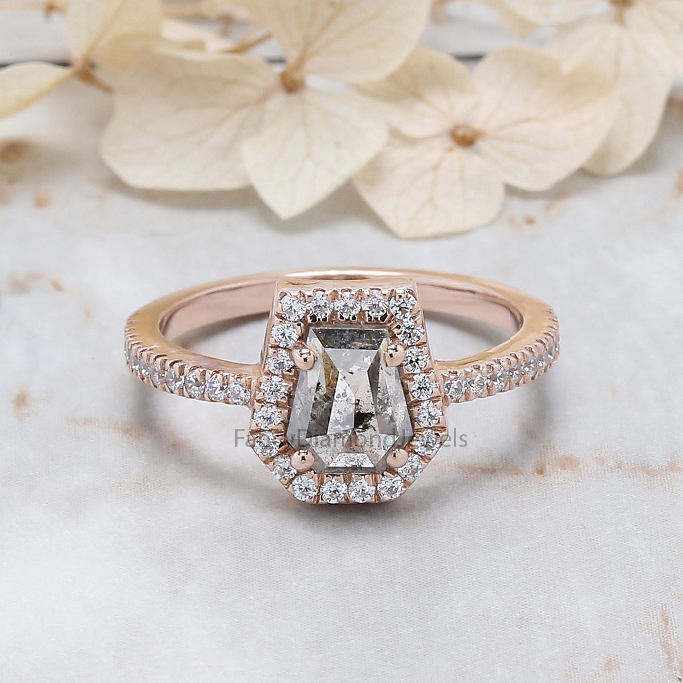 Coffin Cut Salt And Pepper Diamond Ring 1.11 Ct 6.80 MM Coffin Diamond Ring 14K Solid Rose Gold Silver Engagement Ring Gift For Her QK2178