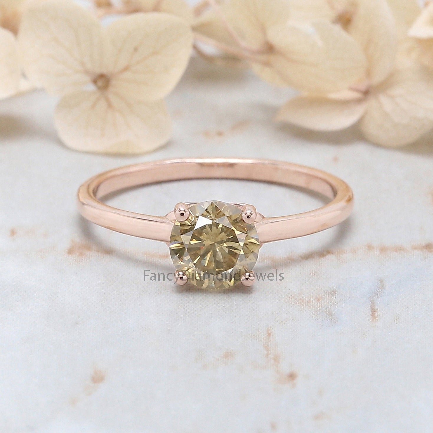 Round Cut Yellow Color Diamond Ring 0.88 Ct 6.00 MM Round Shape Diamond Ring 14K Solid Rose Gold Silver Engagement Ring Gift For Her QL3061