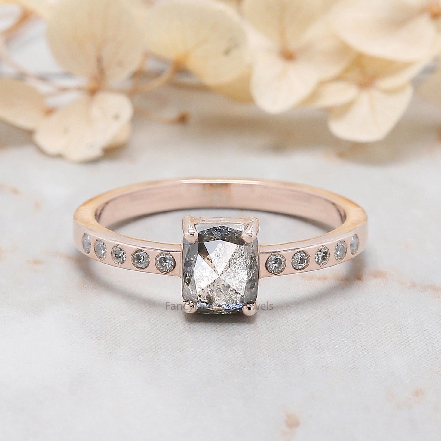 Cushion Cut Salt And Pepper Diamond Ring 0.86 Ct 5.95 MM Cushion Diamond Ring 14K Rose Gold Silver Engagement Ring Gift For Her QL7859