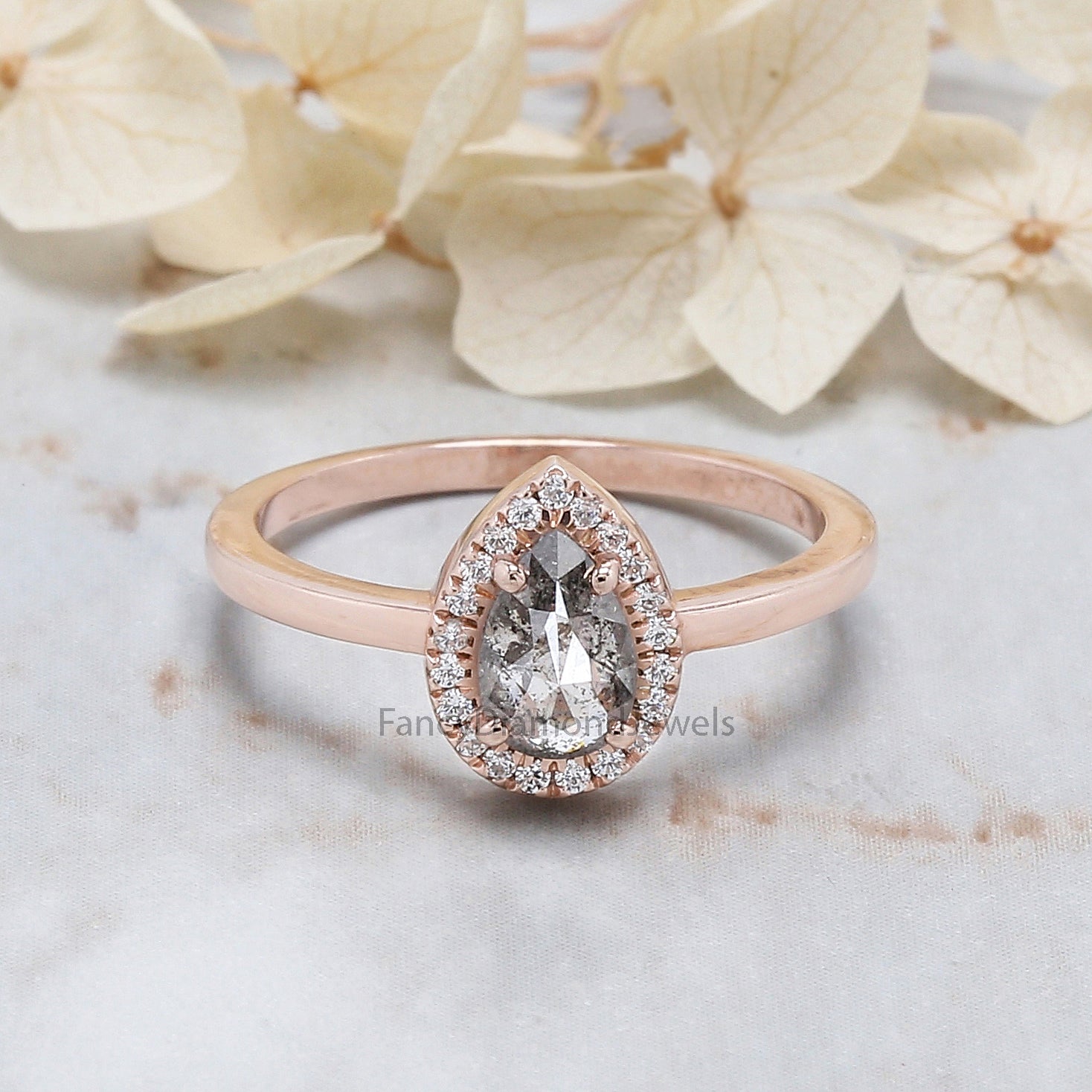 0.67 Ct Natural Pear Cut Salt And Pepper Diamond Ring 6.85 MM Pear Diamond Ring 14K Solid Rose Gold Silver Engagement Ring Pear Ring QL576