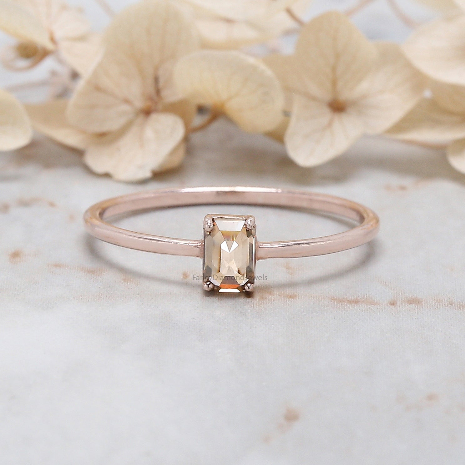 Emerald Cut Brown Color Diamond Ring 0.35 Ct 4.50 MM Emerald Shape Diamond Ring 14K Rose Gold Silver Engagement Ring Gift For Her QN1166