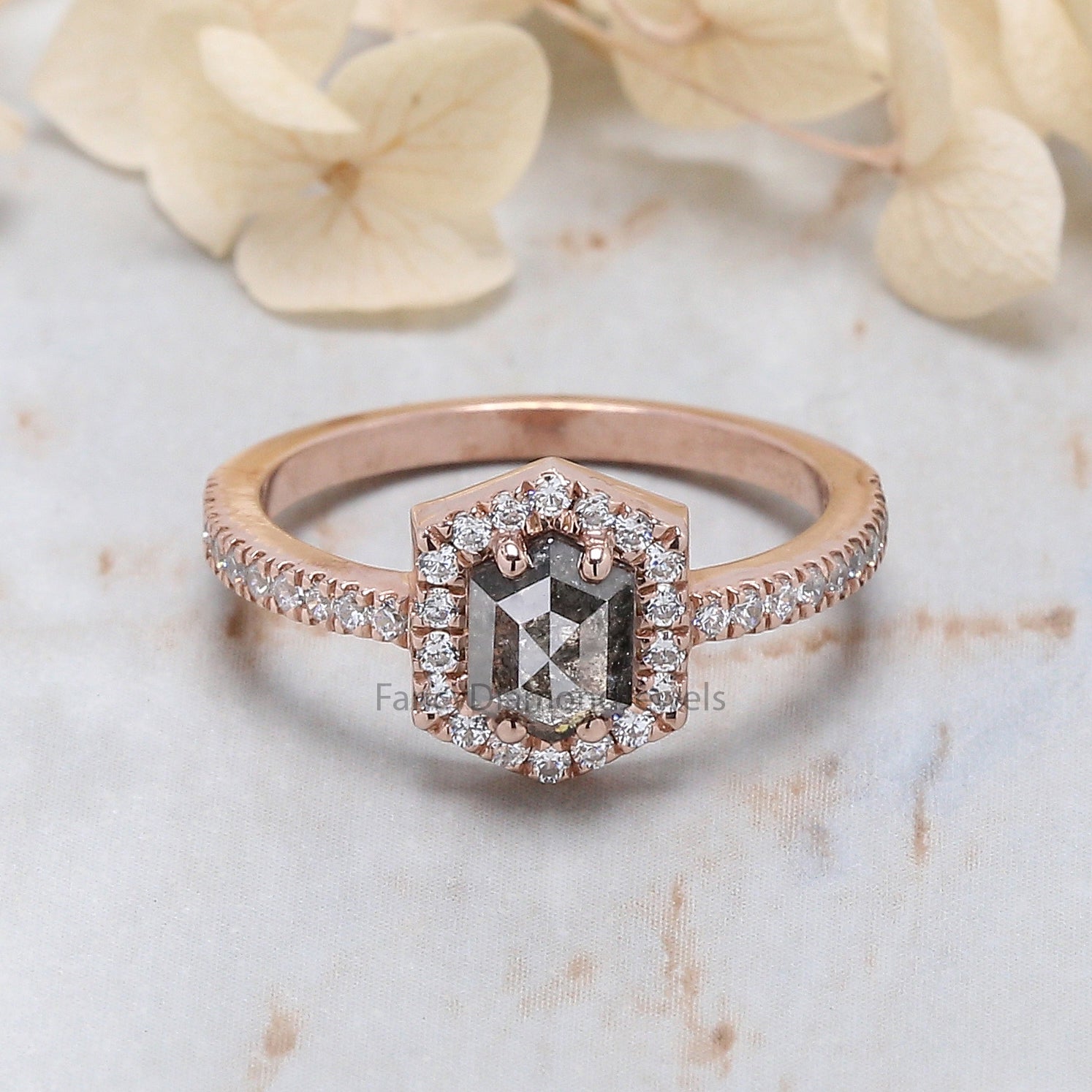 0.80 Ct Natural Hexagon Salt And Pepper Diamond Ring 6.30 MM Hexagon Cut Diamond Ring 14K Solid Rose Gold Silver Engagement Ring QN1135
