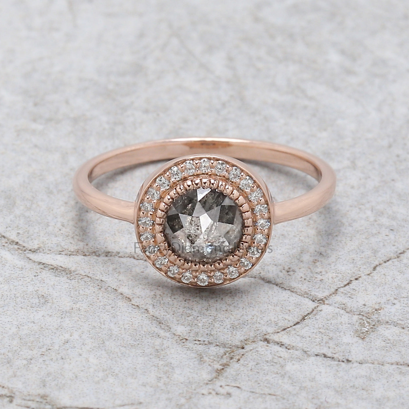 Round Rose Cut Salt And Pepper Diamond Ring 0.88 Ct 5.60 MM Round Shape Diamond Ring 14K Rose Gold Silver Engagement Ring Gift For Her QL2132