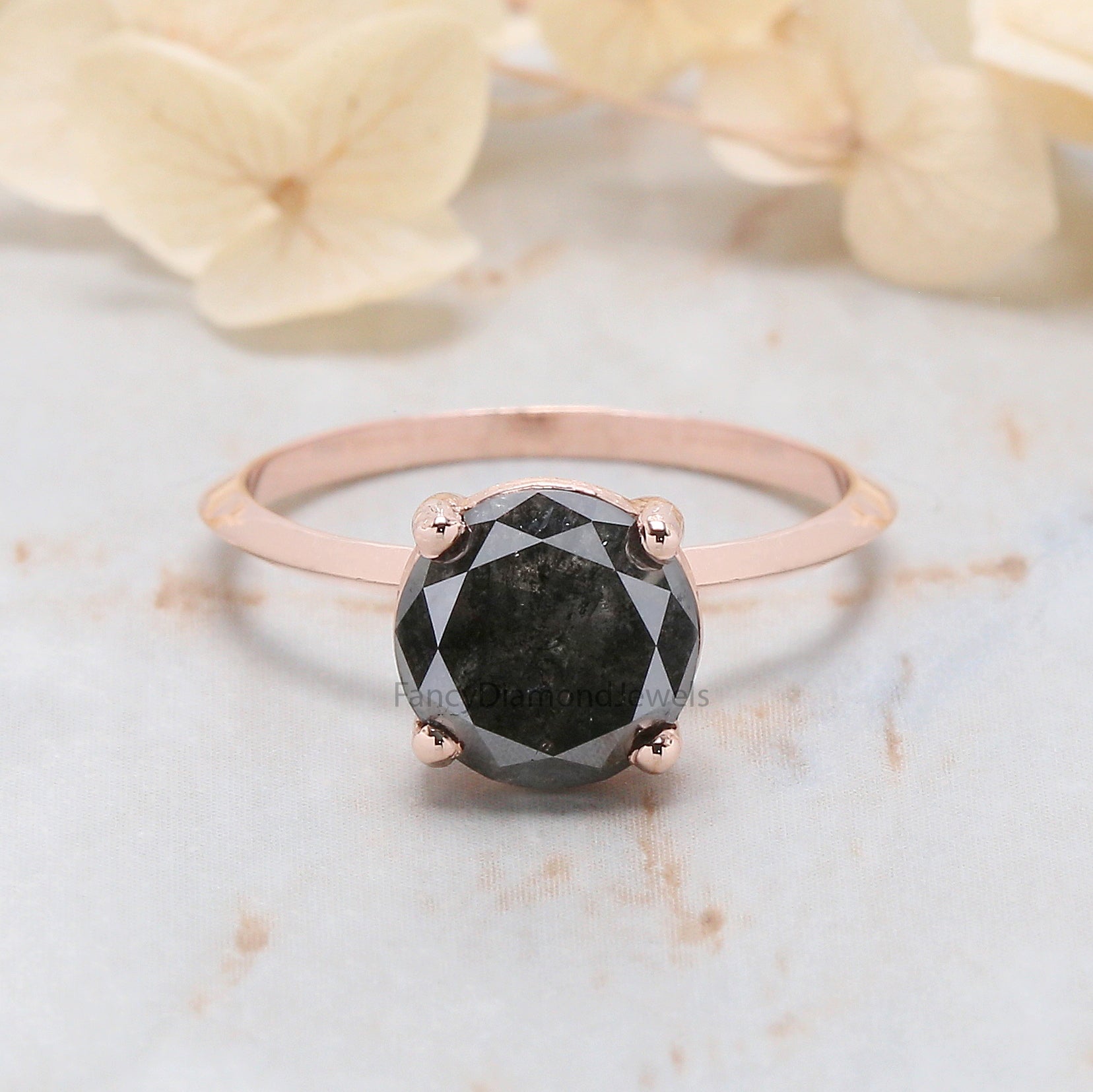 Round Cut Black Color Diamond Ring 2.59 Ct 8.30 MM Round Shape Diamond Ring 14K Solid Rose Gold Silver Engagement Ring Gift For Her QL7395