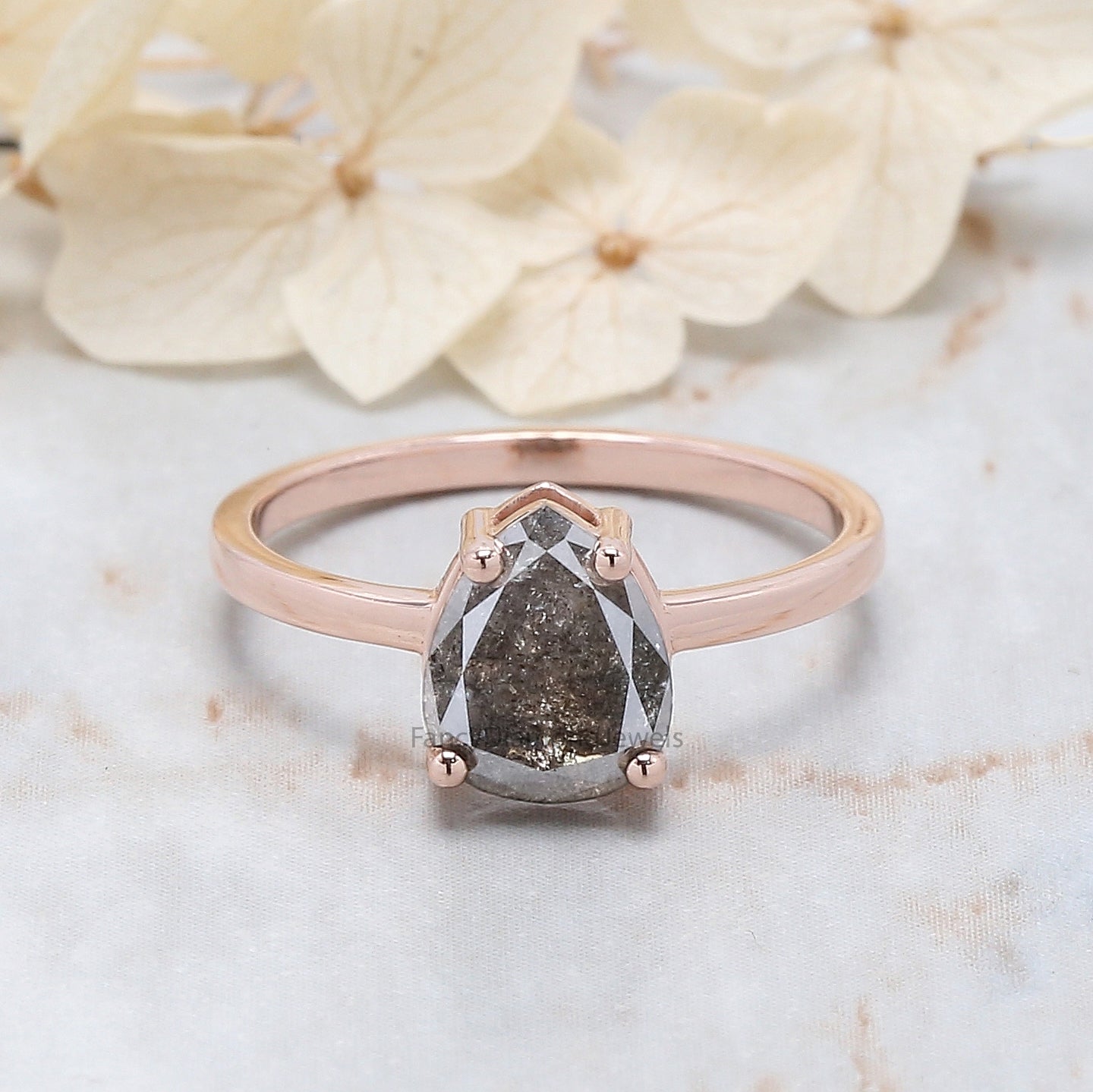 Pear Cut Salt And Pepper Diamond Ring 1.58 Ct 8.45 MM Pear Diamond Ring 14K Solid Rose Gold Silver Engagement Pear Ring Gift For Her QL1666