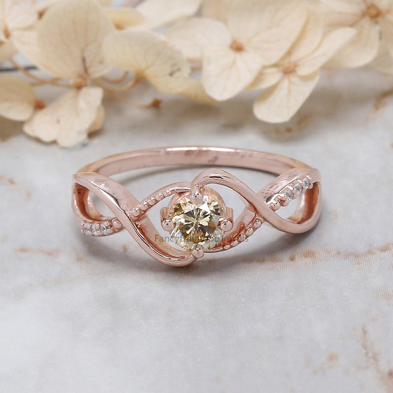 Round Yellow Color Diamond Ring 0.38 Ct 4.55 MM Round Shape Diamond Ring 14K Solid Rose Gold Silver Engagement Ring Gift For Her QN2180