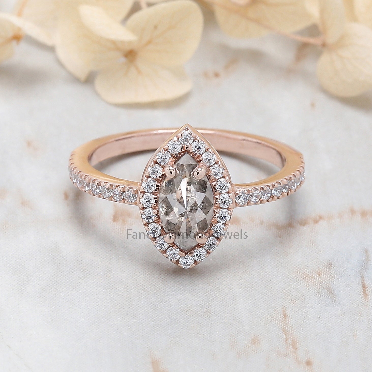 Marquise Cut Salt And Pepper Diamond Ring 0.83 Ct 8.50 MM Marquise Diamond Ring 14K Rose Gold Silver Engagement Ring Gift For Her QN9798