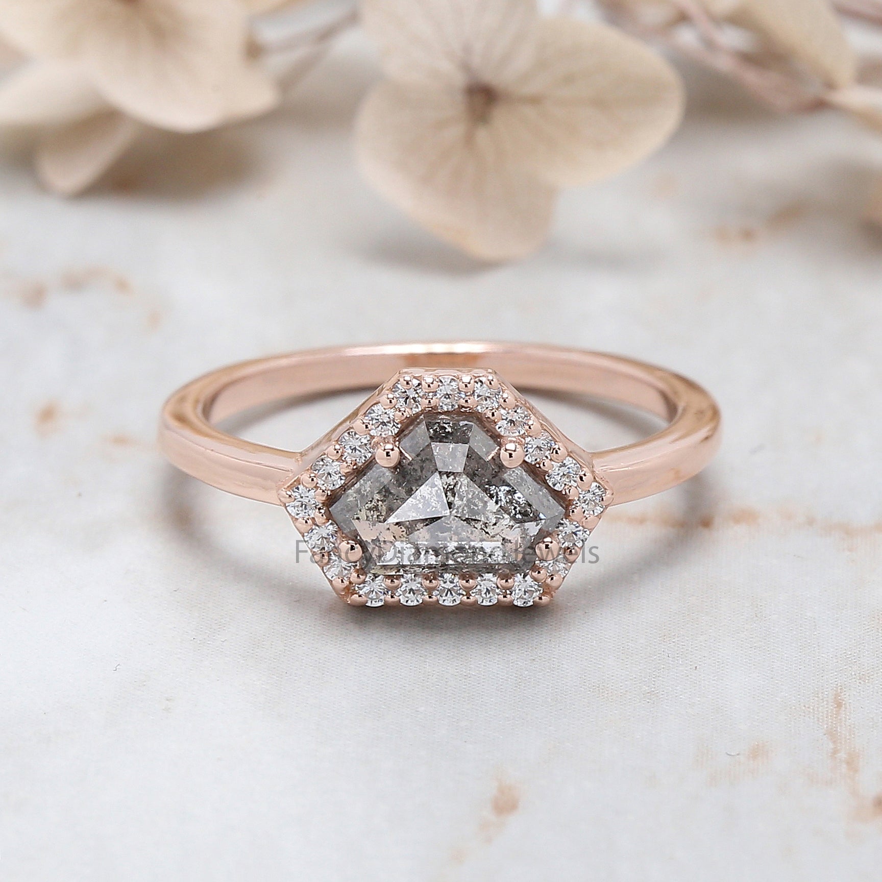 Shield Cut Salt And Pepper Diamond Ring 1.09 Ct 5.45 MM Shield Diamond Ring 14K Solid Rose Gold Silver Engagement Ring Gift For Her QL253
