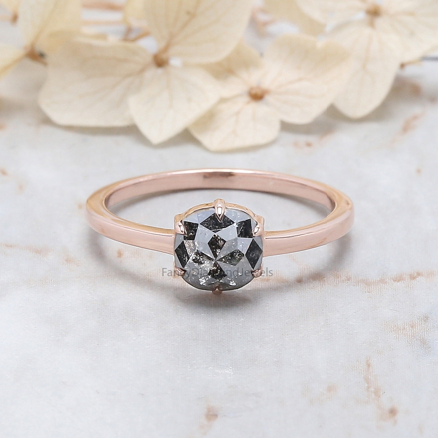 Cushion Cut Salt And Pepper Diamond Ring 1.20 Ct 6.30 MM Cushion Diamond Ring 14K Solid Rose Gold Silver Engagement Ring Gift For Her QN918