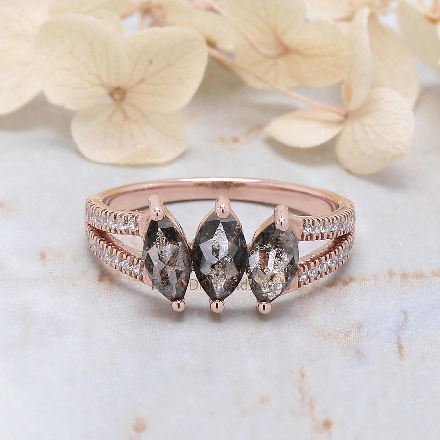 Marquise Cut Salt And Pepper Diamond Ring 0.97 Ct 6.76 MM Marquise Diamond Ring 14K Rose Gold Silver Engagement Ring Gift For Her QL2559