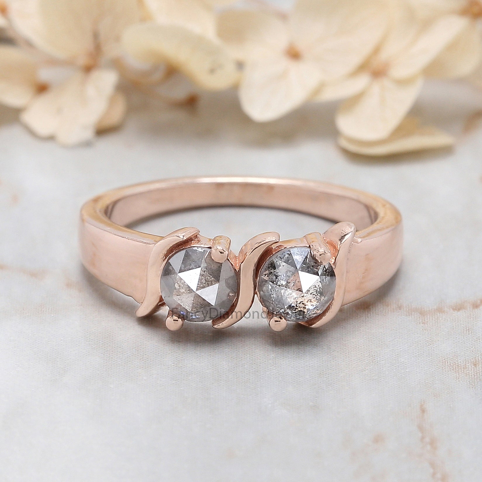 Round Rose Cut Salt And Pepper Diamond Ring 0.95 Ct 4.60 MM Round Diamond Ring 14K Rose Gold Silver Engagement Ring Gift For Her QL1006