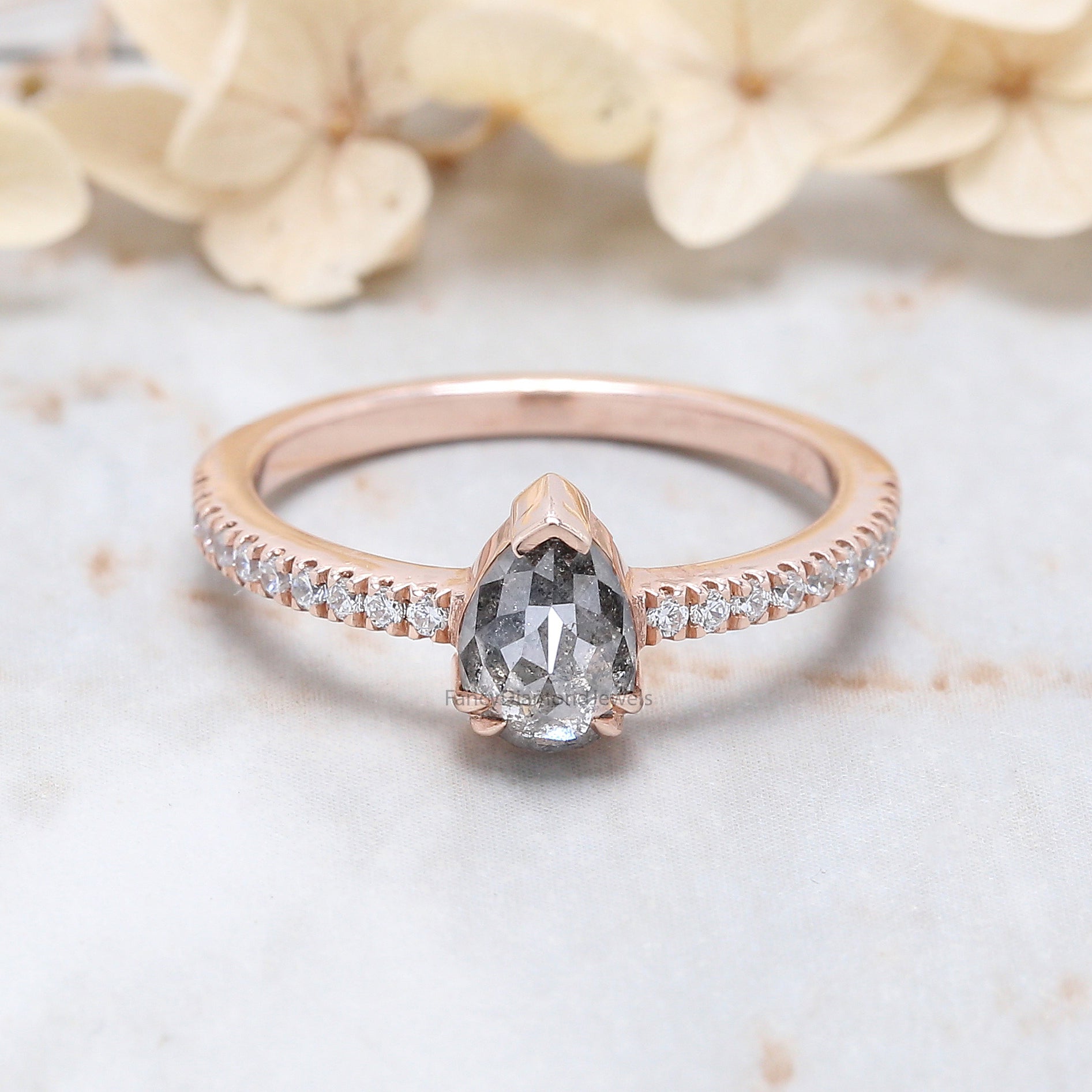 Pear Cut Salt And Pepper Diamond Ring 0.90 Ct 6.90 MM Pear Diamond Ring 14K Solid Rose Gold Silver Pear Engagement Ring Gift For Her QN9638