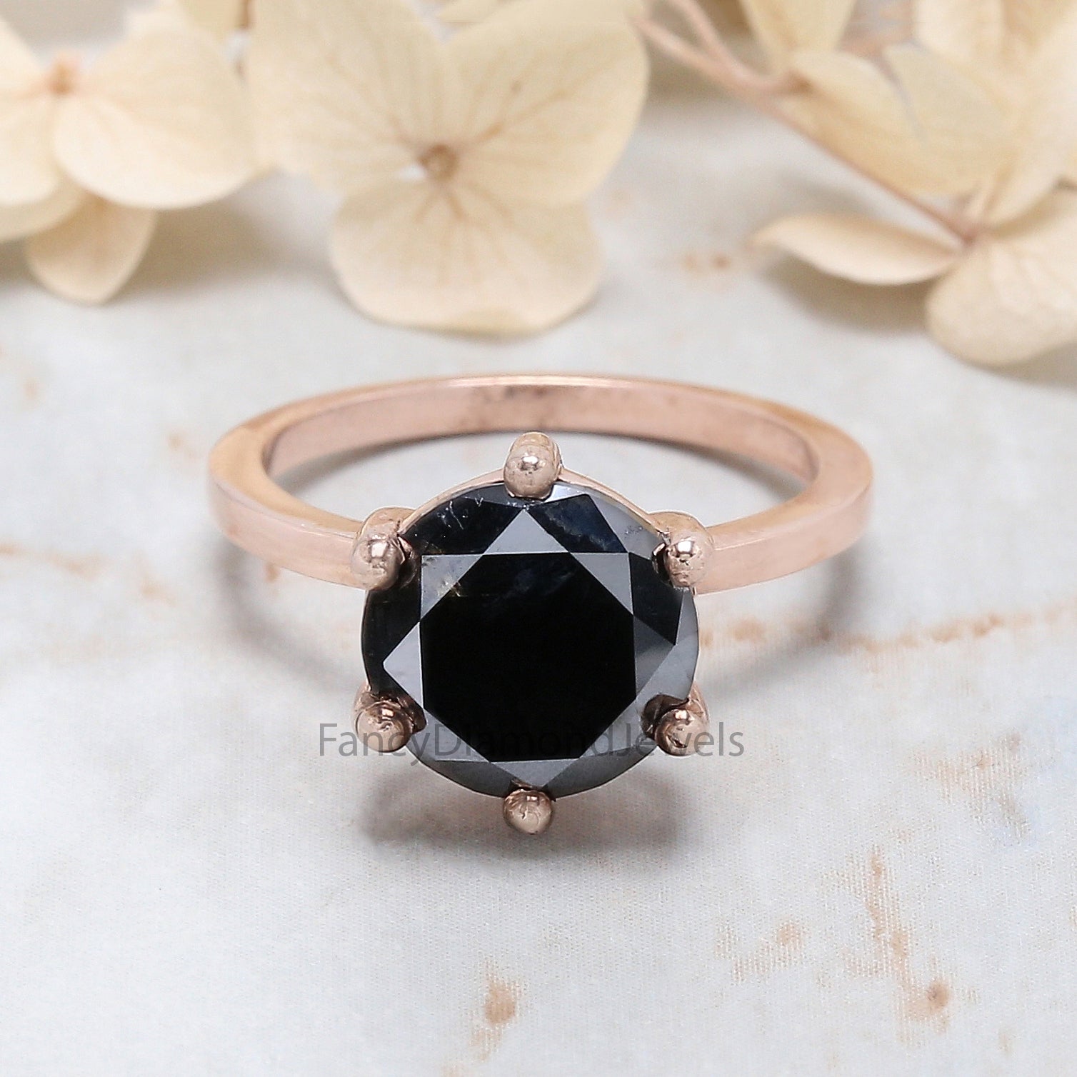 Round Shape Black Color Diamond Ring 4.23 Ct 9.67 MM Round Cut Diamond Ring 14K Solid Rose Gold Silver Engagement Ring Gift For Her QL9505