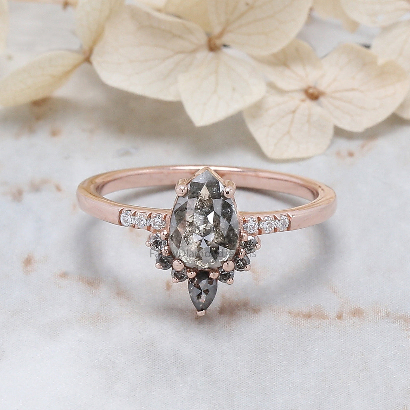 Pear Cut Salt And Pepper Diamond Ring 1.04 Ct 7.53 MM Pear Diamond Ring 14K Solid Rose Gold Silver Pear Engagement Ring Gift For Her QL3063