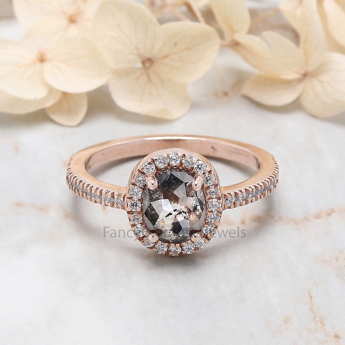 Oval Cut Salt And Pepper Diamond Ring 1.21 Ct 7.20 MM Oval Diamond Ring 14K Solid Rose Gold Silver Oval Engagement Ring Gift For Her QL1259