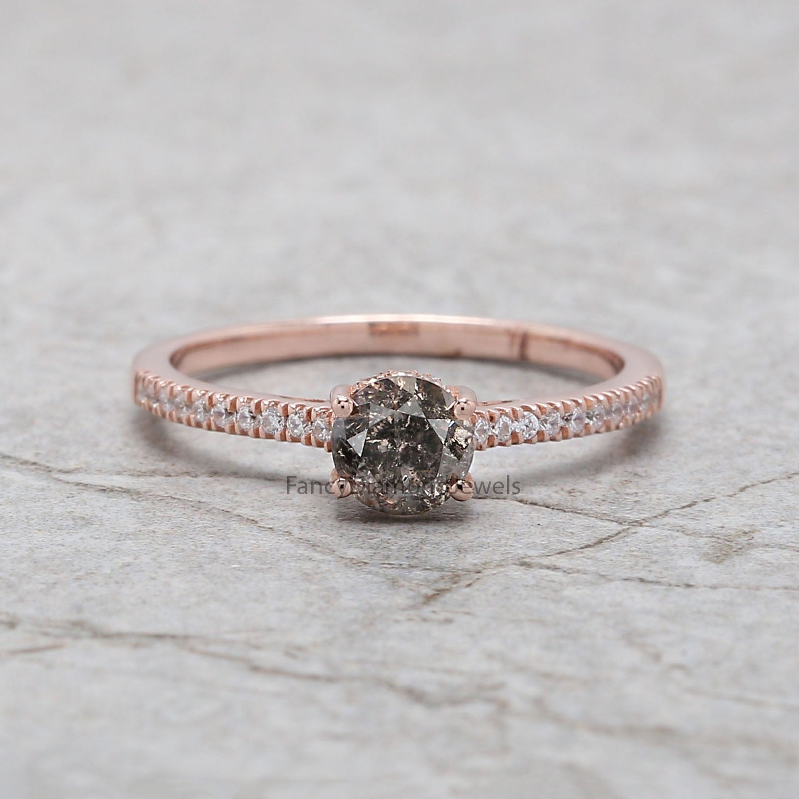 Round Cut Salt And Pepper Diamond Ring 0.54 Ct 5.00 MM Round Diamond Ring 14K Solid Rose Gold Silver Engagement Ring Gift For Her QN2182
