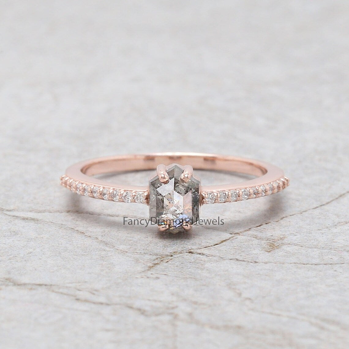 Hexagon Cut Salt And Pepper Diamond Ring 0.72 Ct 6.00 MM Hexagon Diamond Ring 14K Solid Rose Gold Silver Engagement Ring Gift For Her QN729
