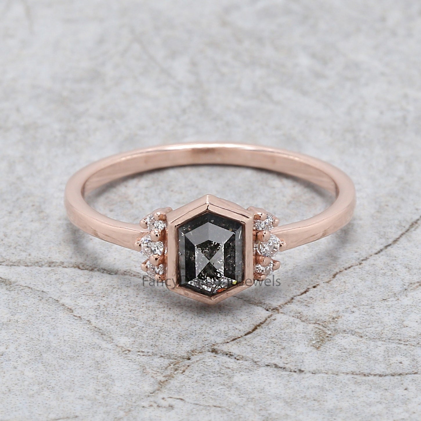 Hexagon Cut Salt And Pepper Diamond Ring 0.83 Ct 6.50 MM Hexagon Cut Diamond Ring 14K Rose Gold Silver Engagement Ring Gift For Her QL1503