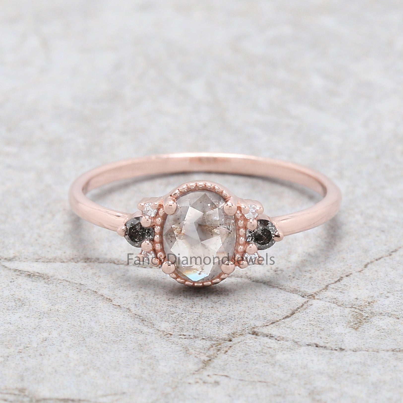 Oval Cut Salt And Pepper Diamond Ring 0.68 Ct 6.27 MM Oval Diamond Ring 14K Solid Rose Gold Silver Oval Engagement Ring Gift For Her QN2185