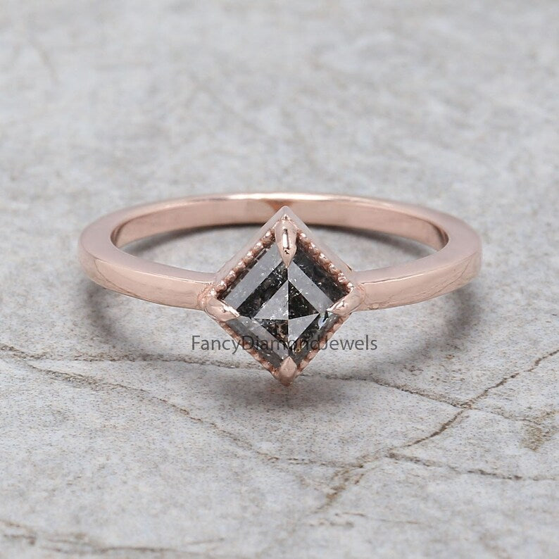 Kite Cut Salt And Pepper Diamond Ring 0.88 Ct 7.18 MM Kite Diamond Ring 14K Solid Rose Gold Silver Kite Engagement Ring Gift For Her QL2026