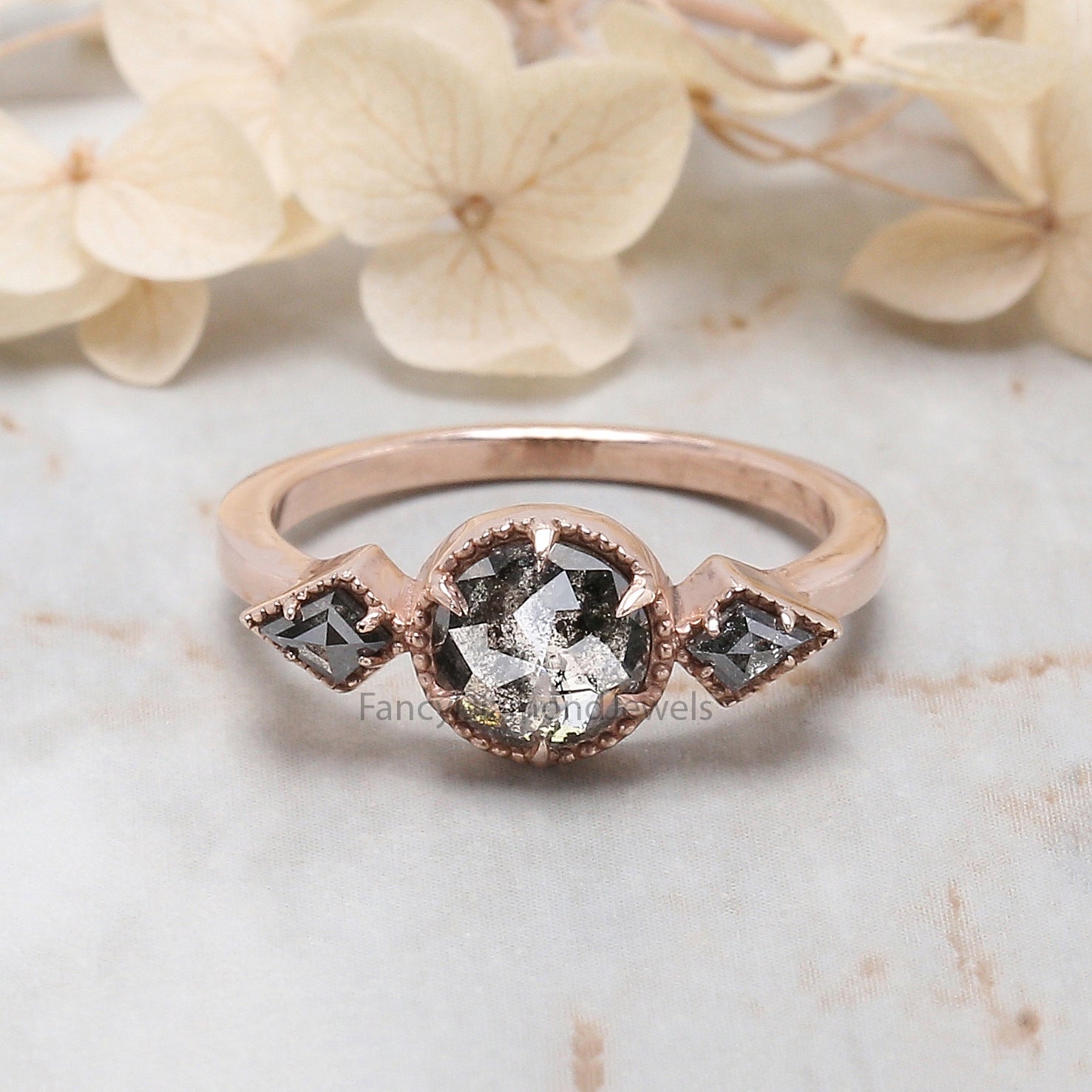 Round Rose Cut Salt And Pepper Diamond Ring 1.08 Ct 6.35 MM Round Diamond Ring 14K Rose Gold Silver Engagement Ring Gift For Her QL1402