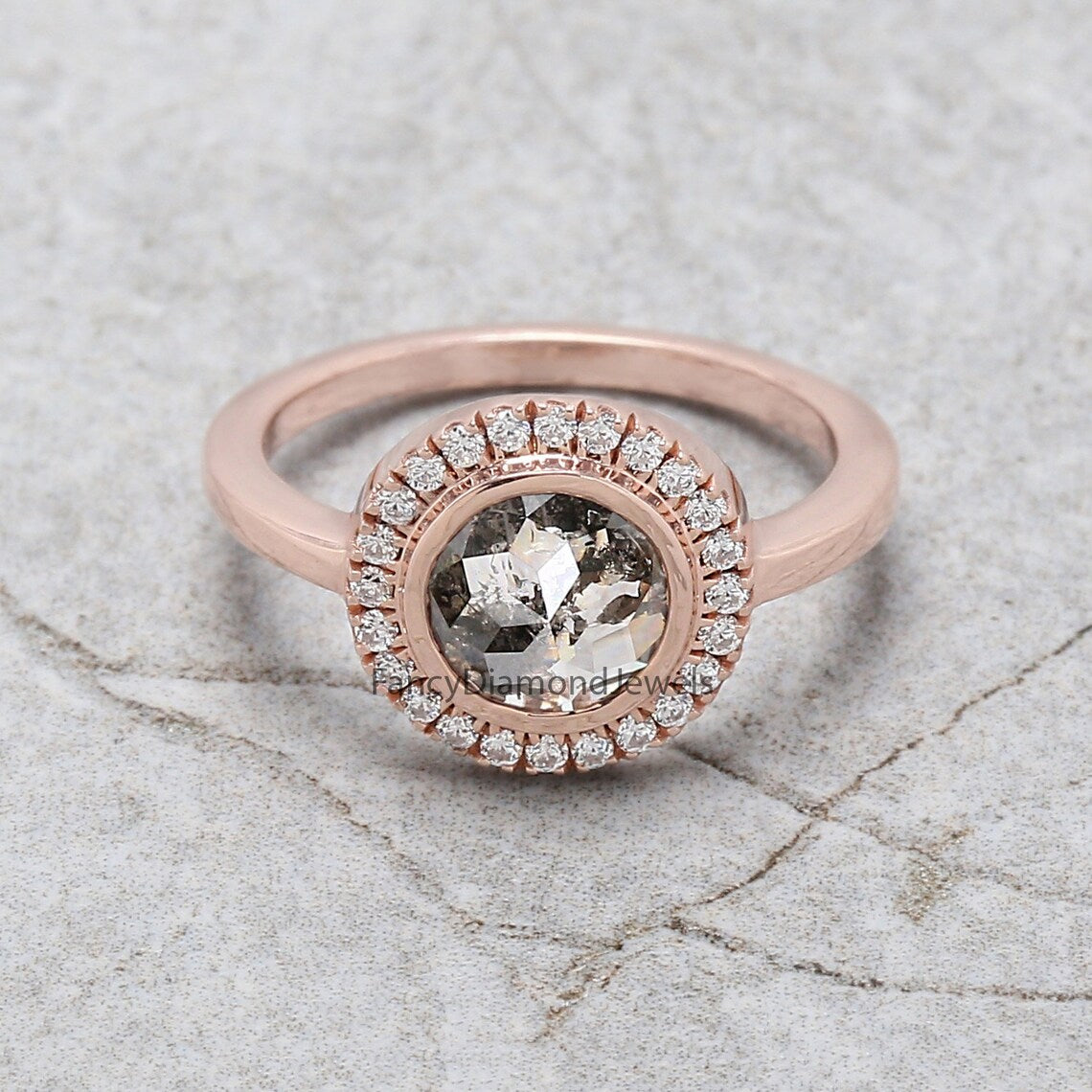Round Rose Cut Salt And Pepper Diamond Ring 1.14 Ct 7.28 MM Round Diamond Ring 14K Rose Gold Silver Engagement Ring Gift For Her QL2590