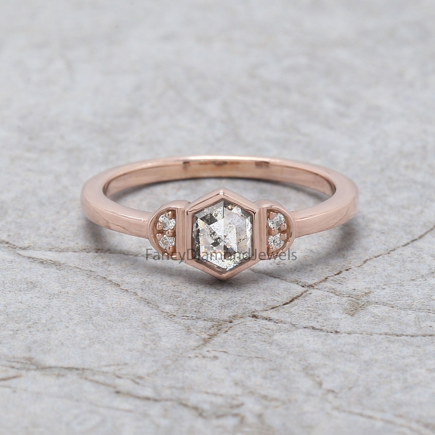 Hexagon Cut Salt And Pepper Diamond Ring 0.58 Ct 5.70 MM Hexagon Diamond Ring 14K Solid Rose Gold Silver Engagement Ring Gift For Her QN1564