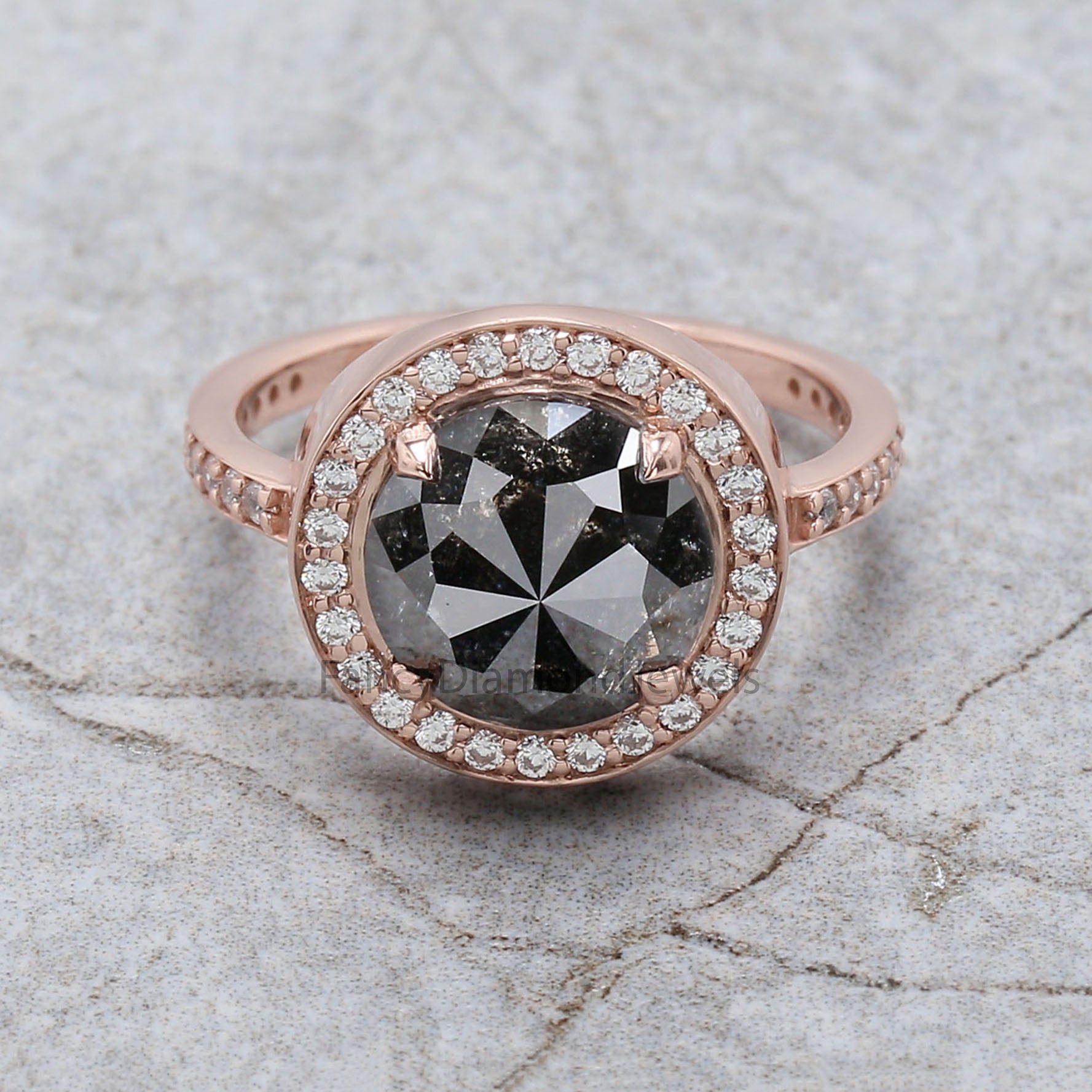 Round Rose Cut Salt And Pepper Diamond Ring 3.60 Ct 9.29 MM Round Diamond Ring 14K Rose Gold Silver Engagement Ring Gift For Her QL2130