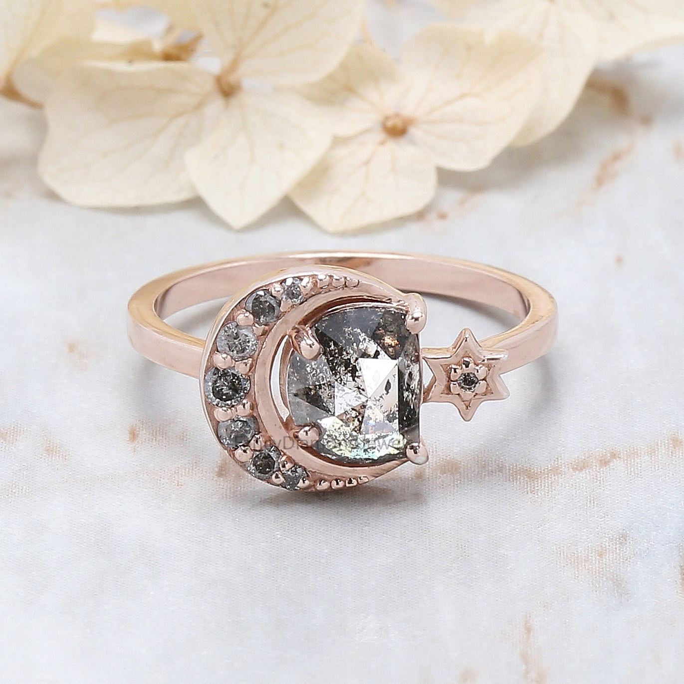 Half Moon Salt And Pepper Diamond Ring 1.25 Ct 7.20 MM Half Moon Diamond Ring 14K Solid Rose Gold Silver Engagement Ring Gift For Her QL127