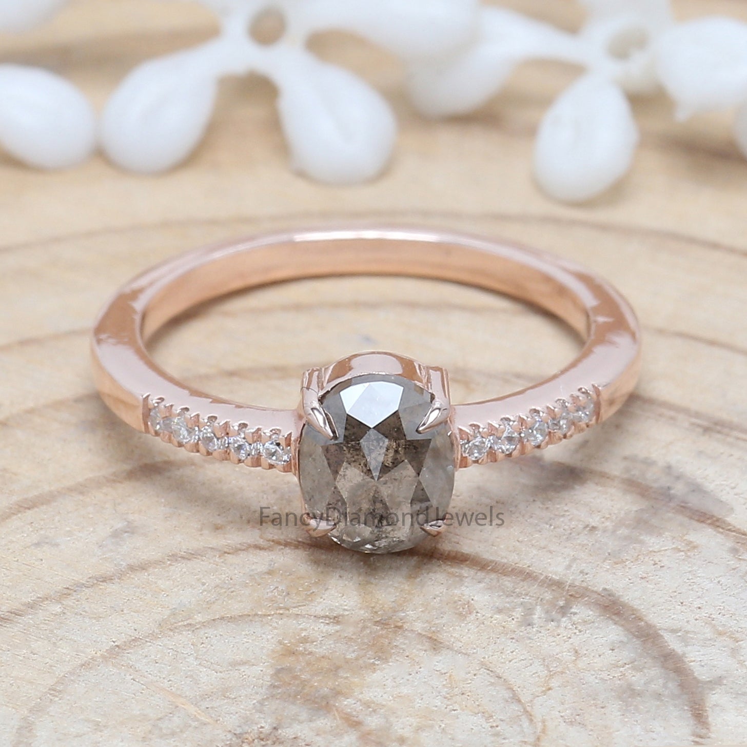 Oval Cut Salt And Pepper Diamond Ring 1.17 Ct 6.70 MM Oval Diamond Ring 14K Solid Rose Gold Silver Oval Engagement Ring Gift For Her QL8693