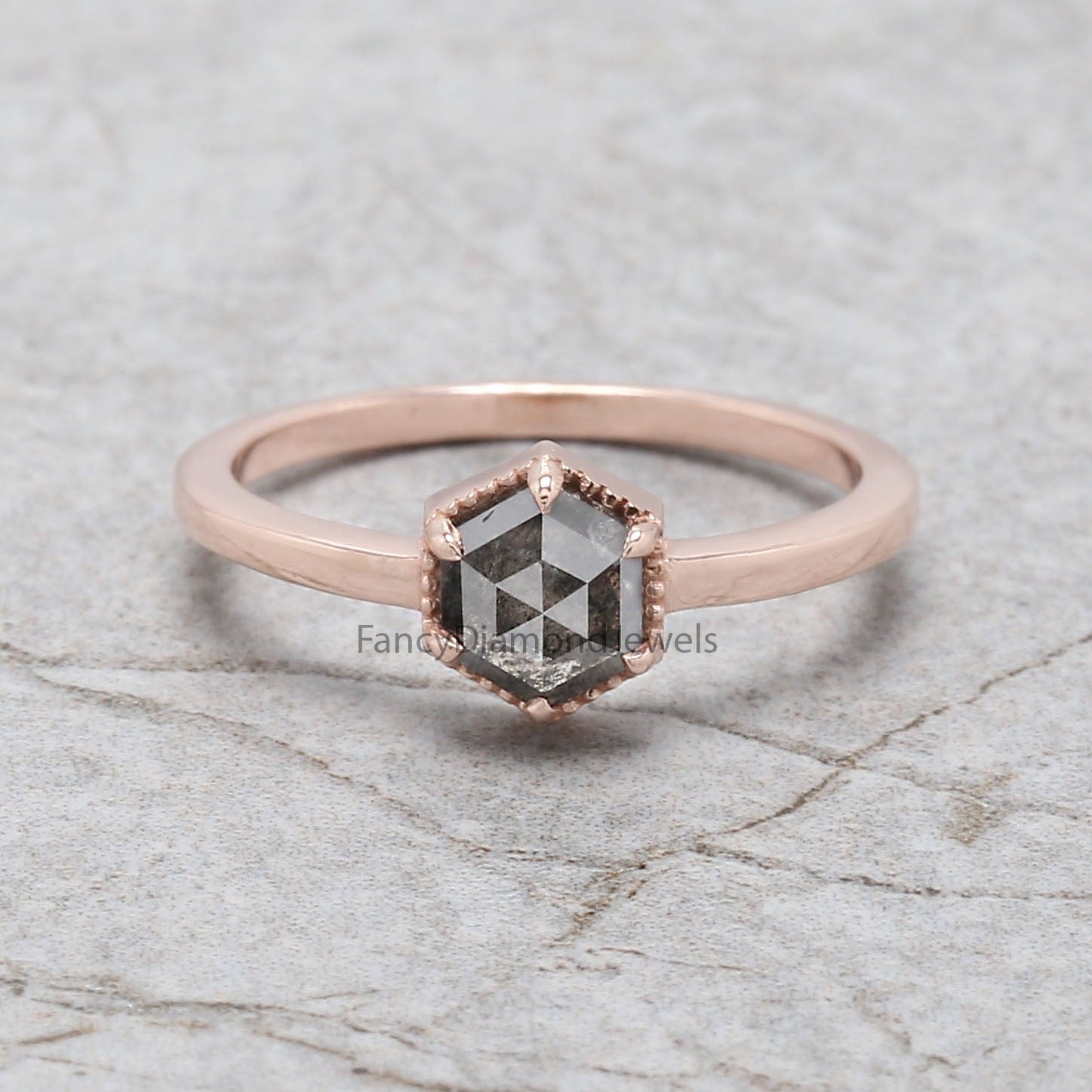 Hexagon Cut Salt And Pepper Diamond Ring 0.71 Ct 6.24 MM Hexagon Diamond Ring 14K Solid Rose Gold Silver Engagement Ring Gift For Her QL2338