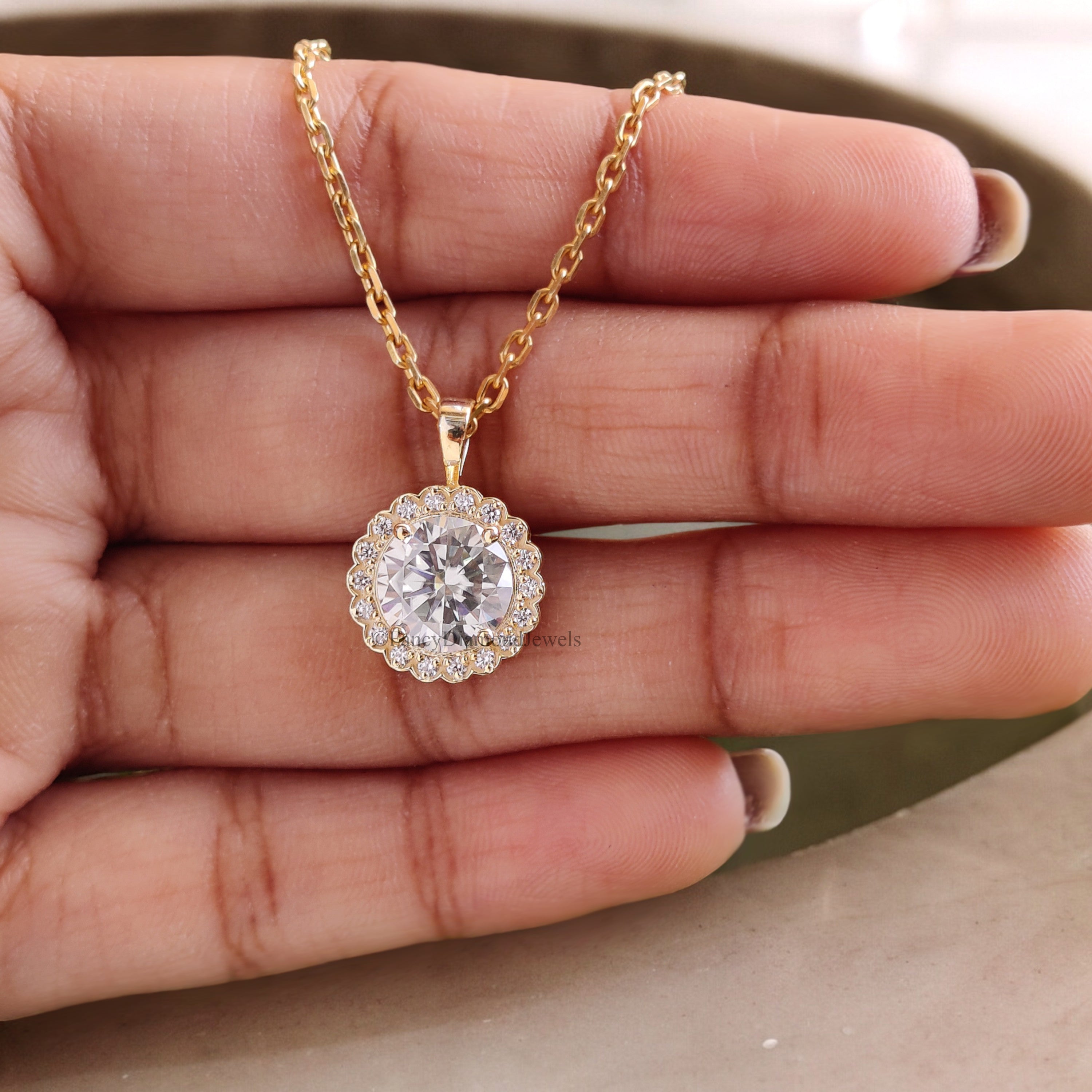 Yellow Gold Halo Pendant Necklace for Women Round Cut Pendant Necklace with Moissanite Stones Necklace for Teen Girls and Women FD189