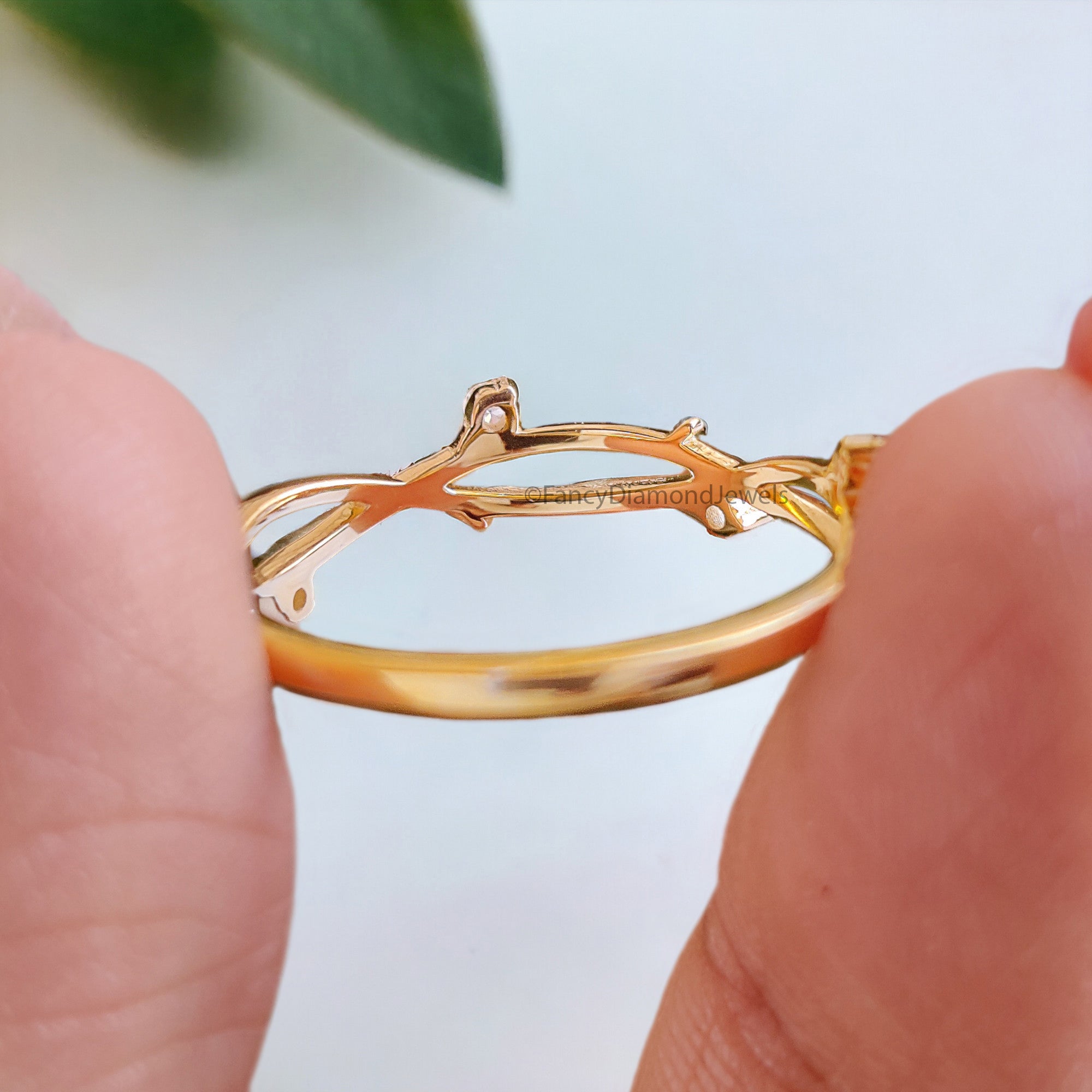 0.10 CT Round Diamond Engagement Ring Half Eternity Stackable Band leaf Yellow gold branch matching 14K Solid Gold Anniversary Ring FD299