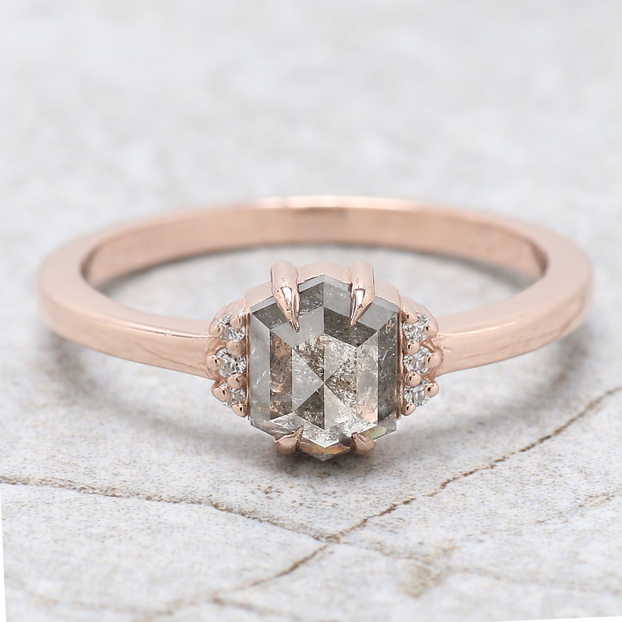 Hexagon Cut Salt And Pepper Diamond Ring 0.97 Ct 6.60 MM Hexagon Cut Diamond Ring 14K Rose Gold Silver Engagement Ring Gift For Her QN932