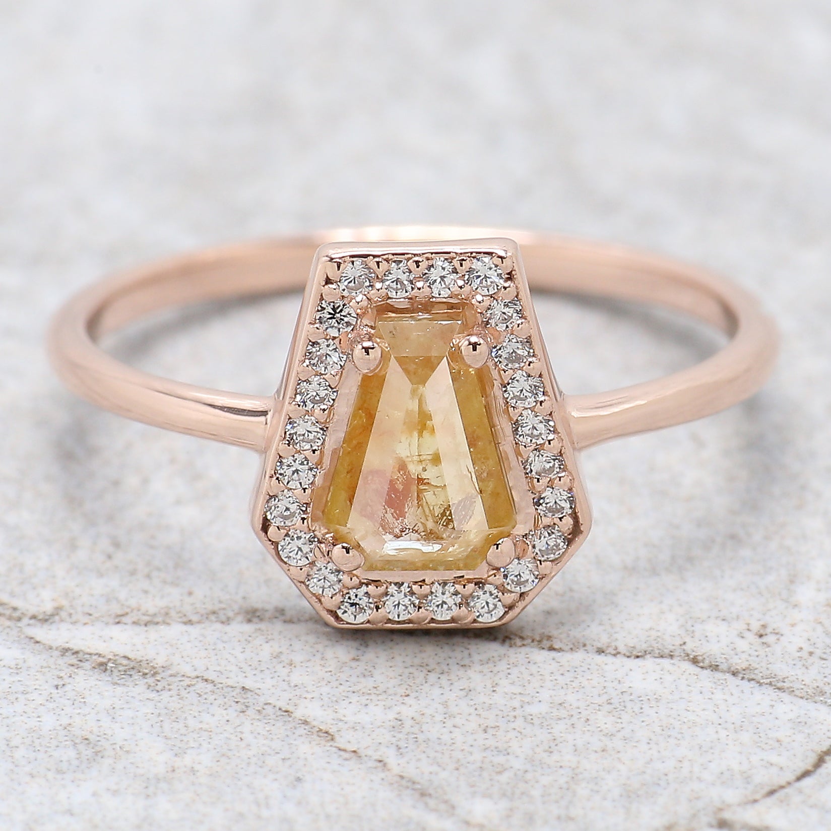 Coffin Cut Yellow Color Diamond Ring 0.66 Ct 6.56 MM Coffin Diamond Ring 14K Solid Rose Gold Silver Engagement Ring Gift For Her QN1988