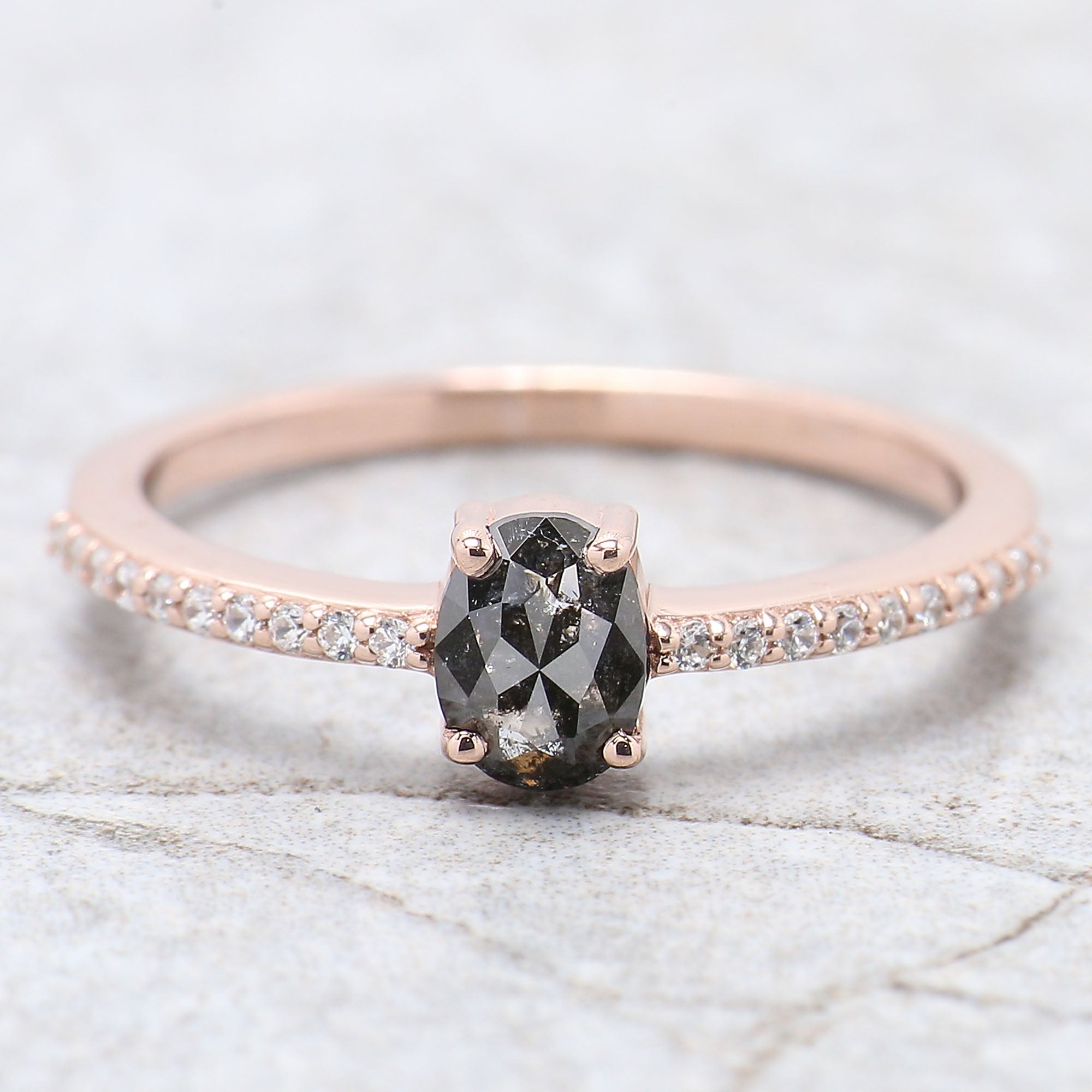 Oval Cut Salt And Pepper Diamond Ring 0.51 Ct 5.60 MM Oval Diamond Ring 14K Solid Rose Gold Silver Oval Engagement Ring Gift For Her QK2334