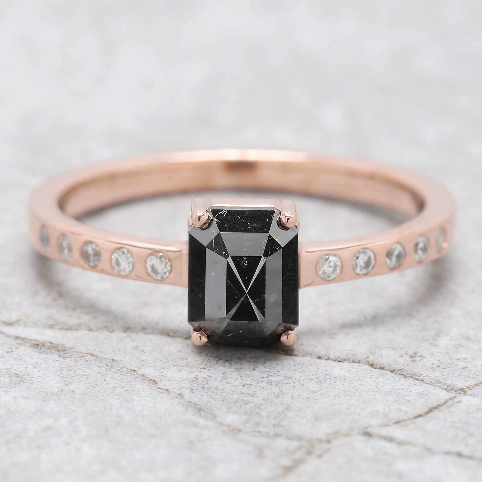 Emerald Cut Black Color Diamond Ring 1.07 Ct 6.26 MM Emerald Diamond Ring 14K Solid Rose Gold Silver Engagement Ring Gift For Her QL2217