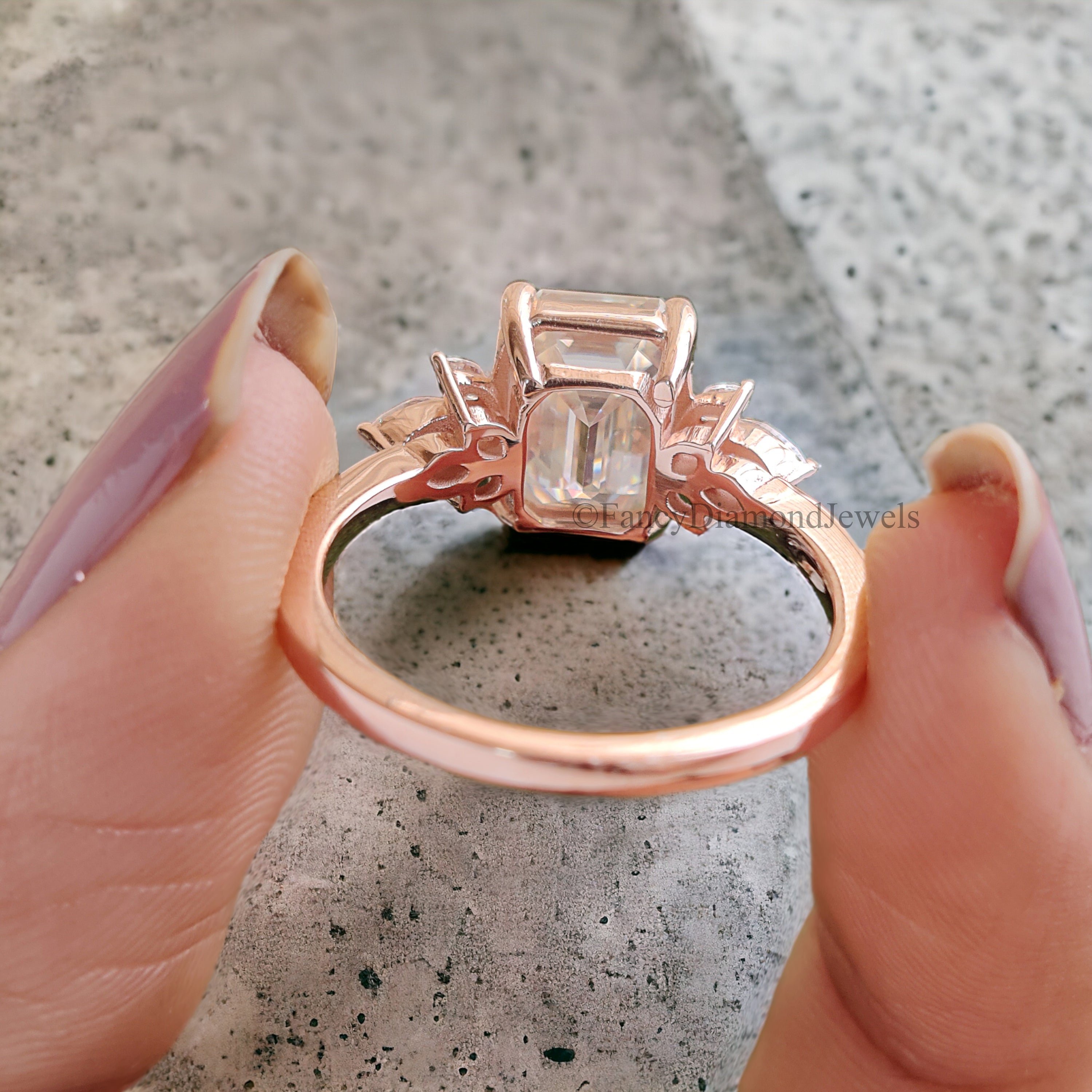 Emerald cut Moissanite engagement ring vintage Unique rose gold Marquise cut diamond Cluster engagement ring women wedding Bridal gift FD176