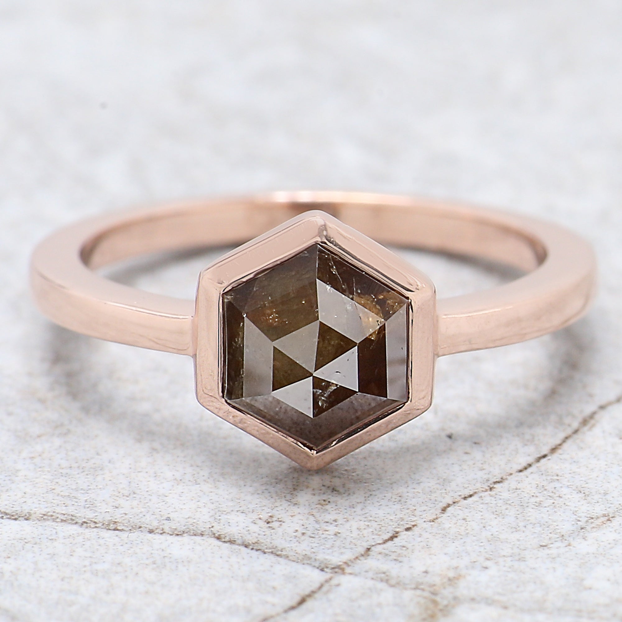 Hexagon Cut Brown Color Diamond Ring 2.26 Ct 6.90 MM Hexagon Shape Diamond Ring 14K Rose Gold Silver Engagement Ring Gift For Her QN9237