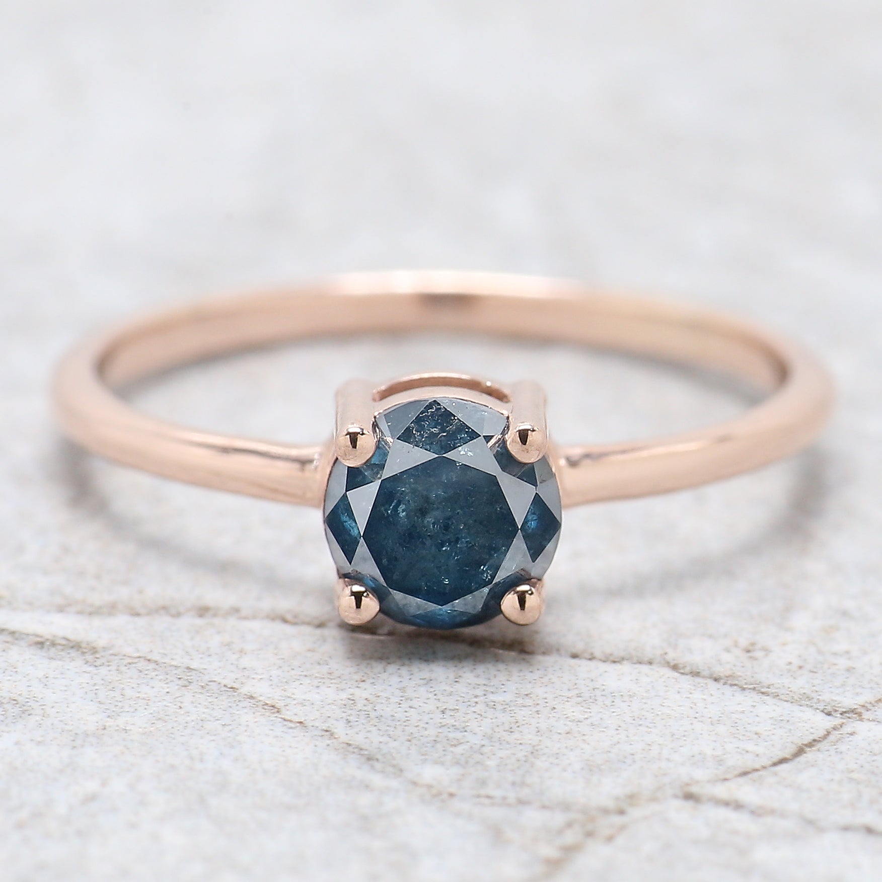 Round Cut Blue Color Diamond Ring 0.95 Ct 5.50 MM Round Shape Diamond Ring 14K Rose Gold Silver Round Engagement Ring Gift For Her QN9923