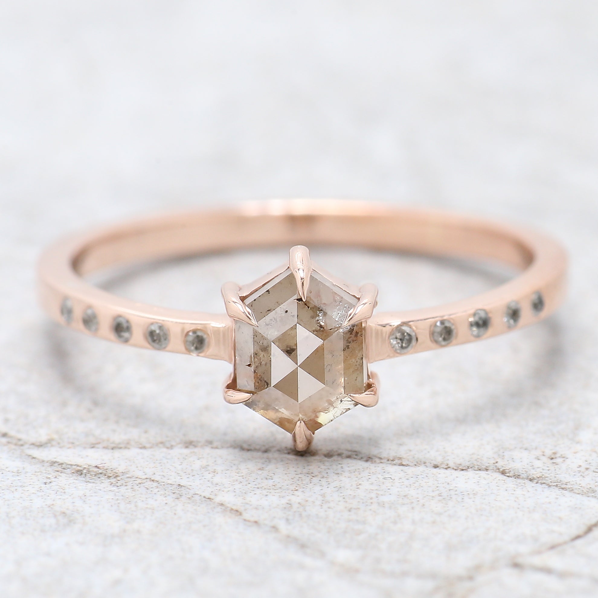 Hexagon Brown Color Diamond Ring 0.73 Ct 6.35 MM Hexagon Shape Diamond Ring 14K Solid Rose Gold Silver Engagement Ring Gift For Her QNB522