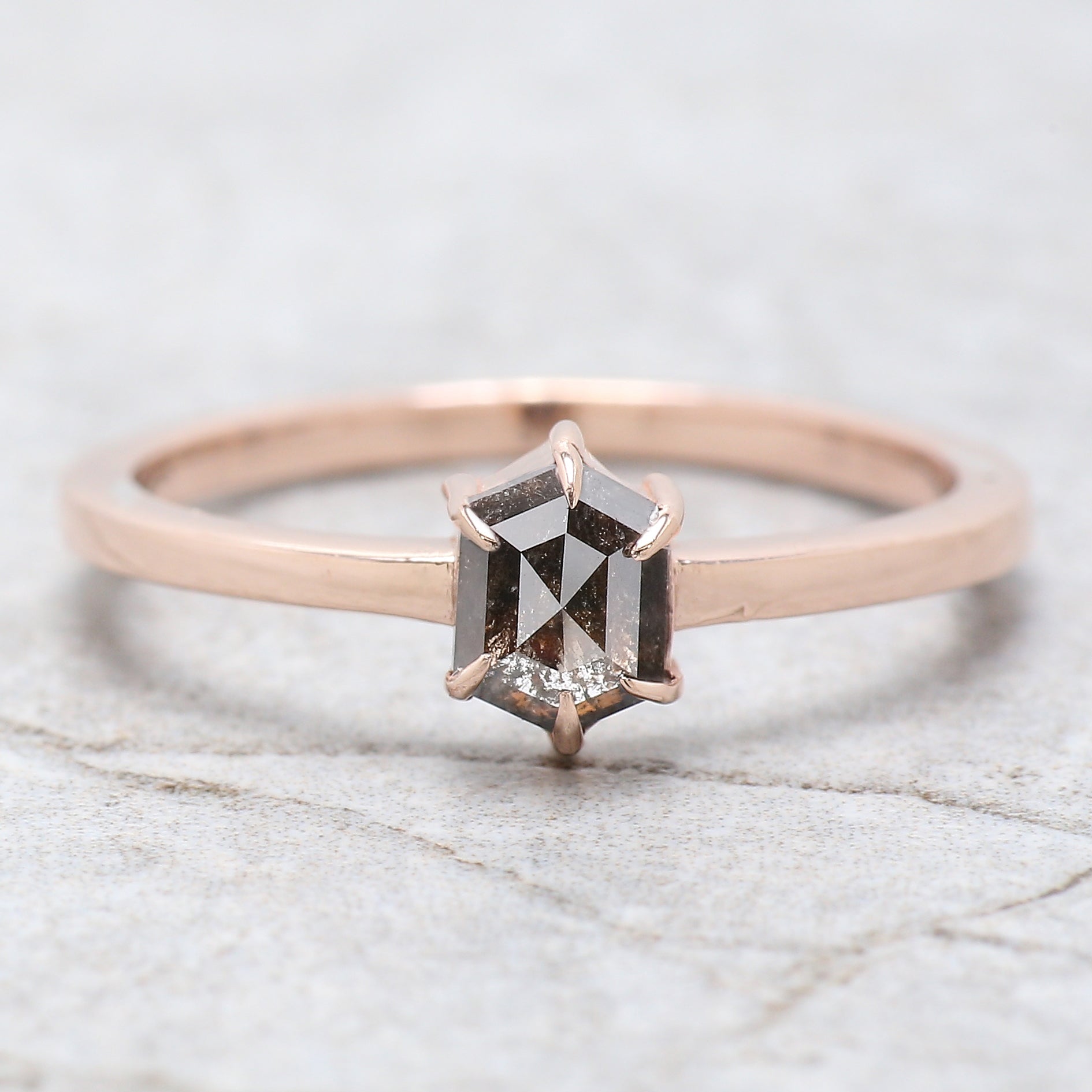 Hexagon Cut Salt And Pepper Diamond Ring 0.50 Ct 5.50 MM Hexagon Diamond Ring 14K Solid Rose Gold Silver Engagement Ring Gift For Her QN1466