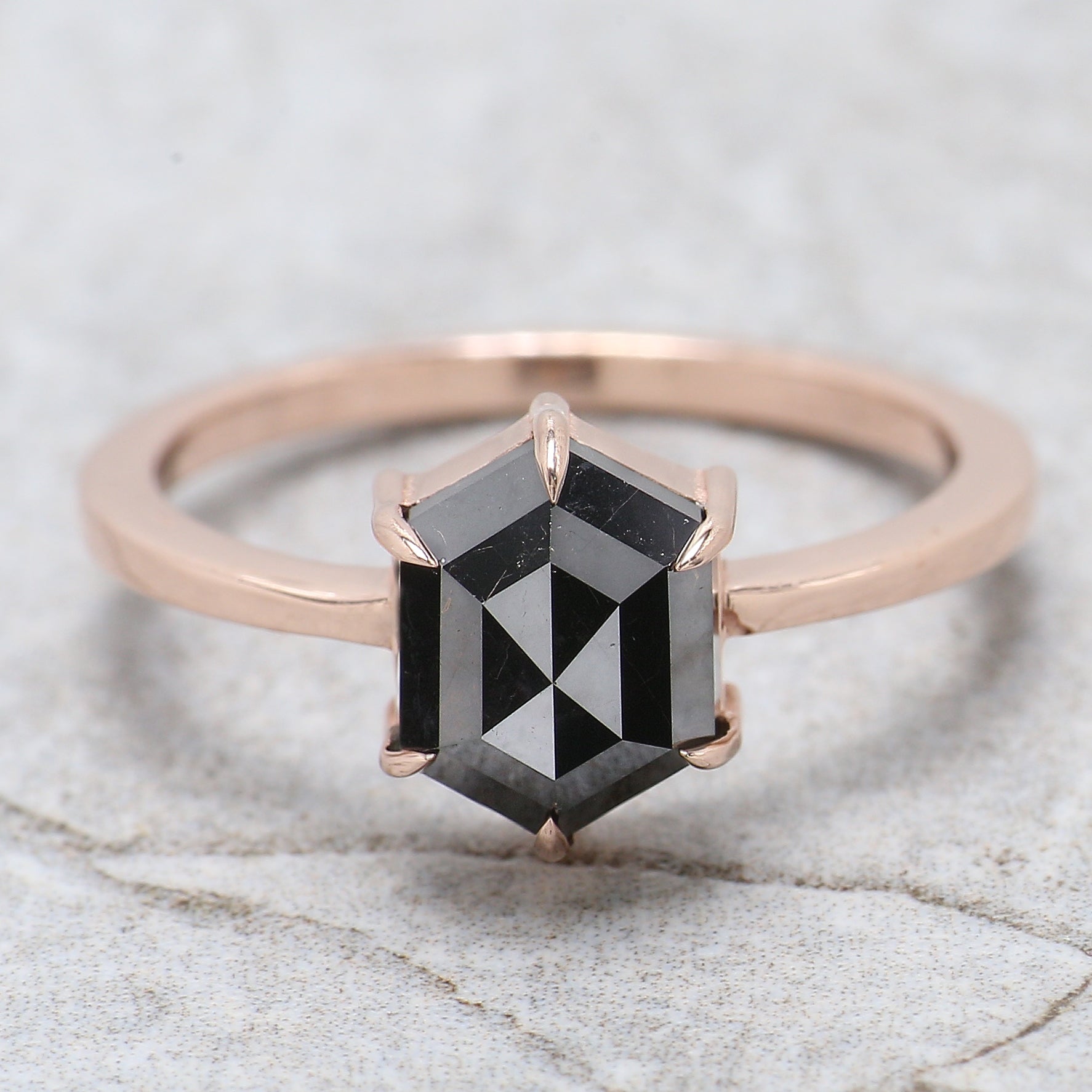 Hexagon Cut Black Color Diamond Ring 2.28 Ct 8.50 MM Hexagon Diamond Ring 14K Rose Gold Silver Hexagon Engagement Ring Gift For Her QL9576