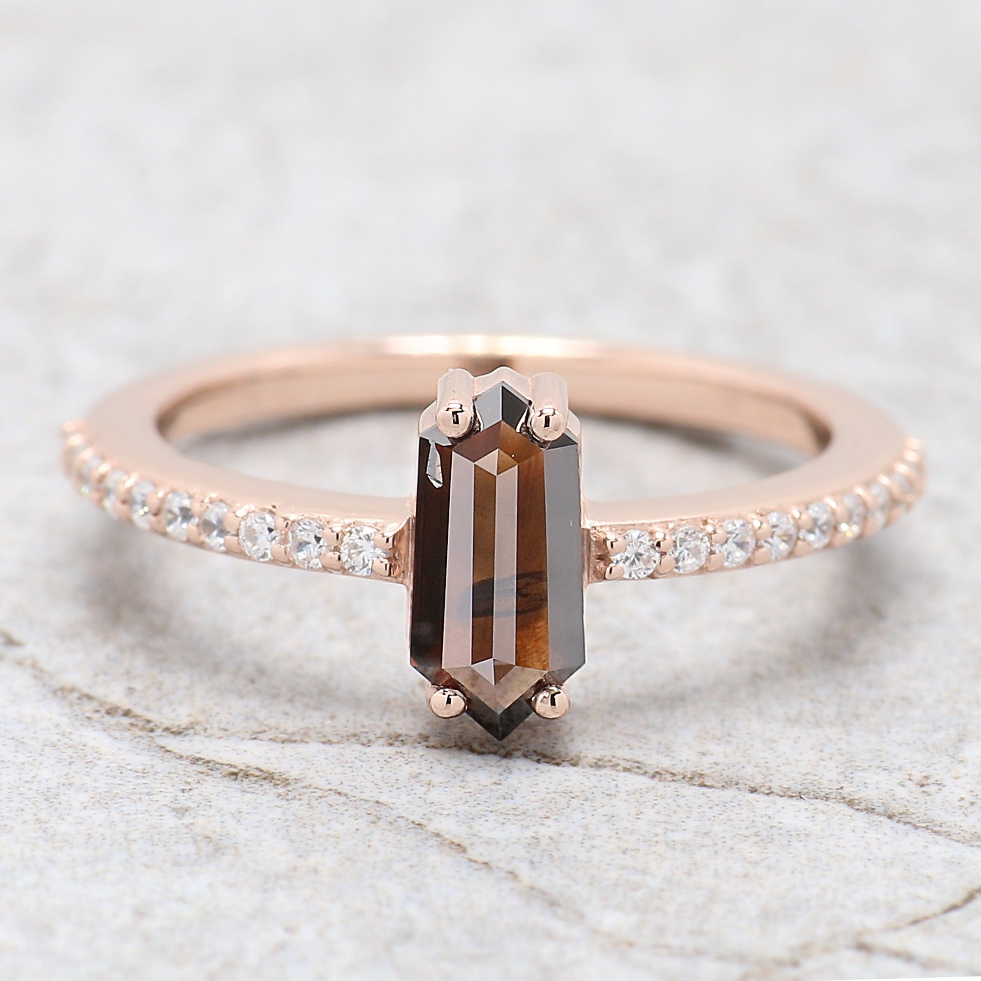 Hexagon Cut Brown Color Diamond Ring 0.80 Ct 8.85 MM Hexagon Diamond Ring 14K Solid Rose Gold Silver Engagement Ring Gift For Her QL1767