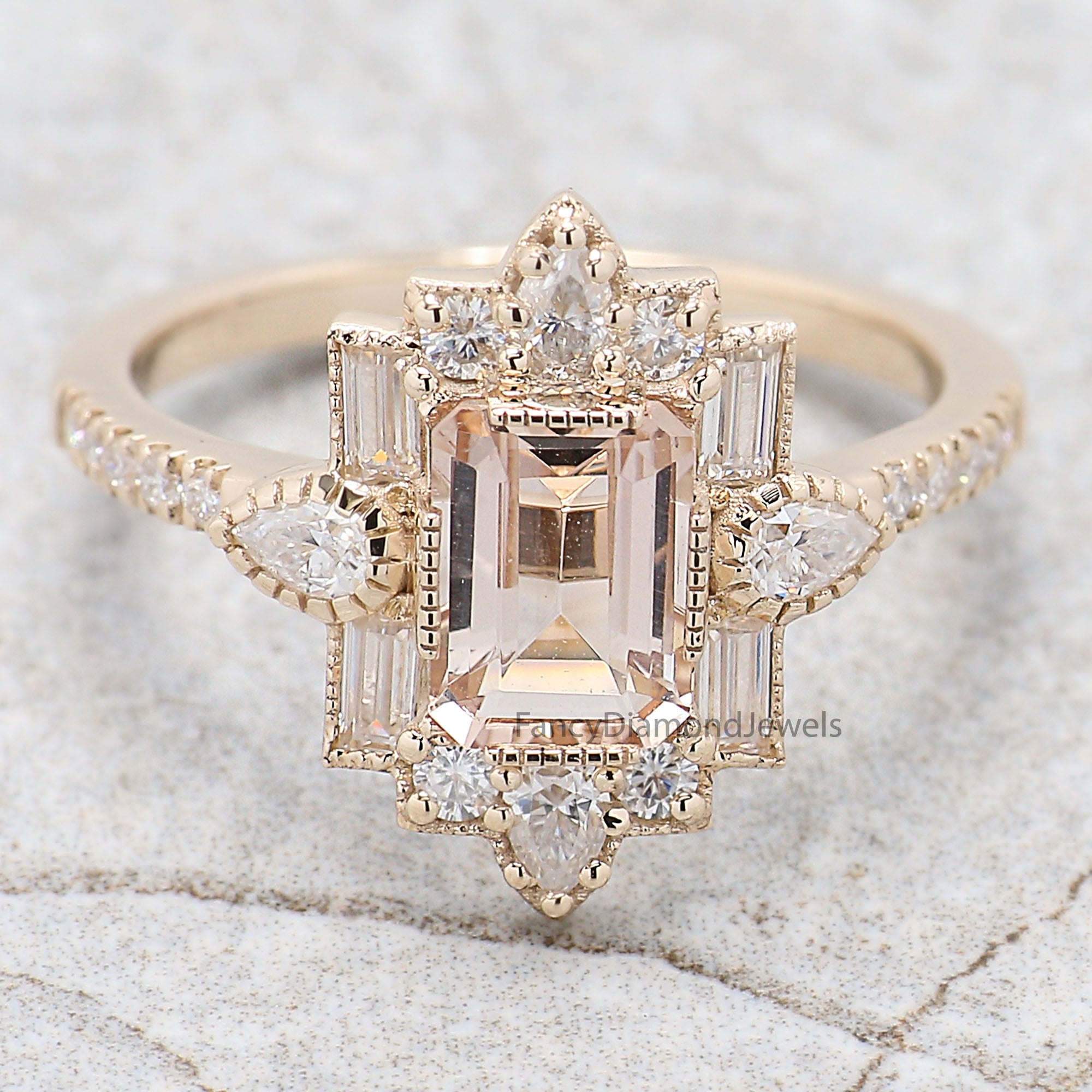 0.85 CT Emerald Cut Vintage Morganite Engagement Ring Baguette wedding ring Unique art deco ring Pear halo ring Starburst ring For Her FD294