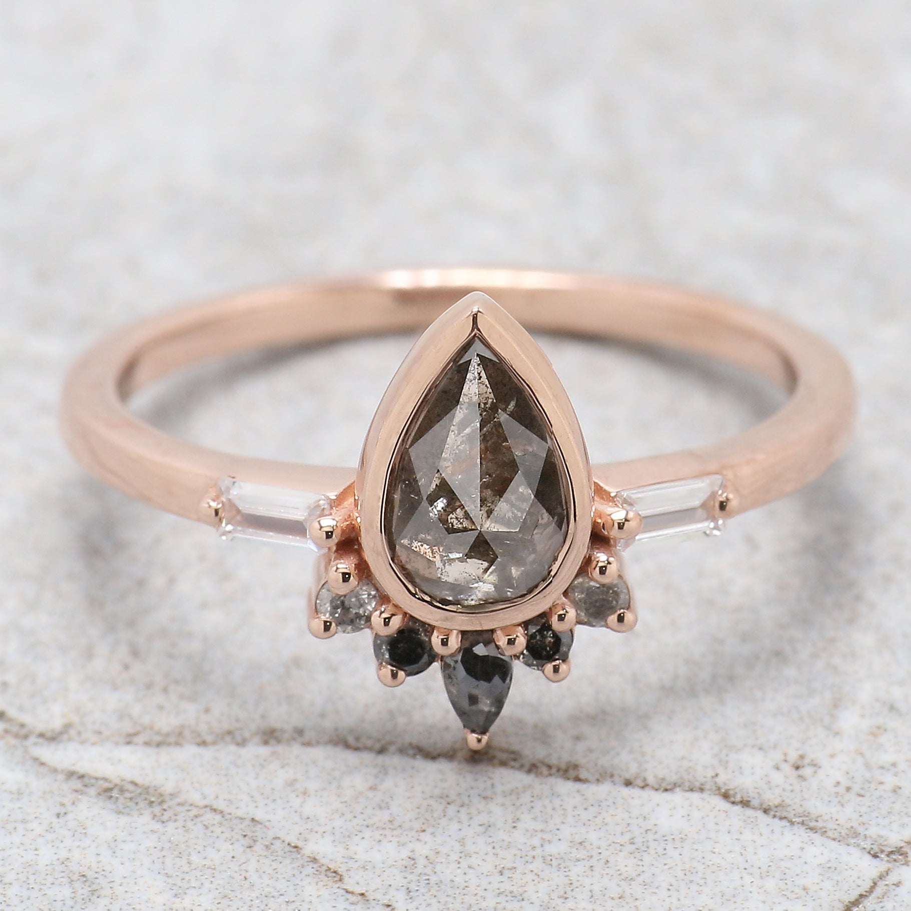 Pear Cut Salt And Pepper Diamond Ring 0.65 Ct 7.39 MM Pear Diamond Ring 14K Solid Rose Gold Silver Engagement Pear Ring Gift For Her QN2046