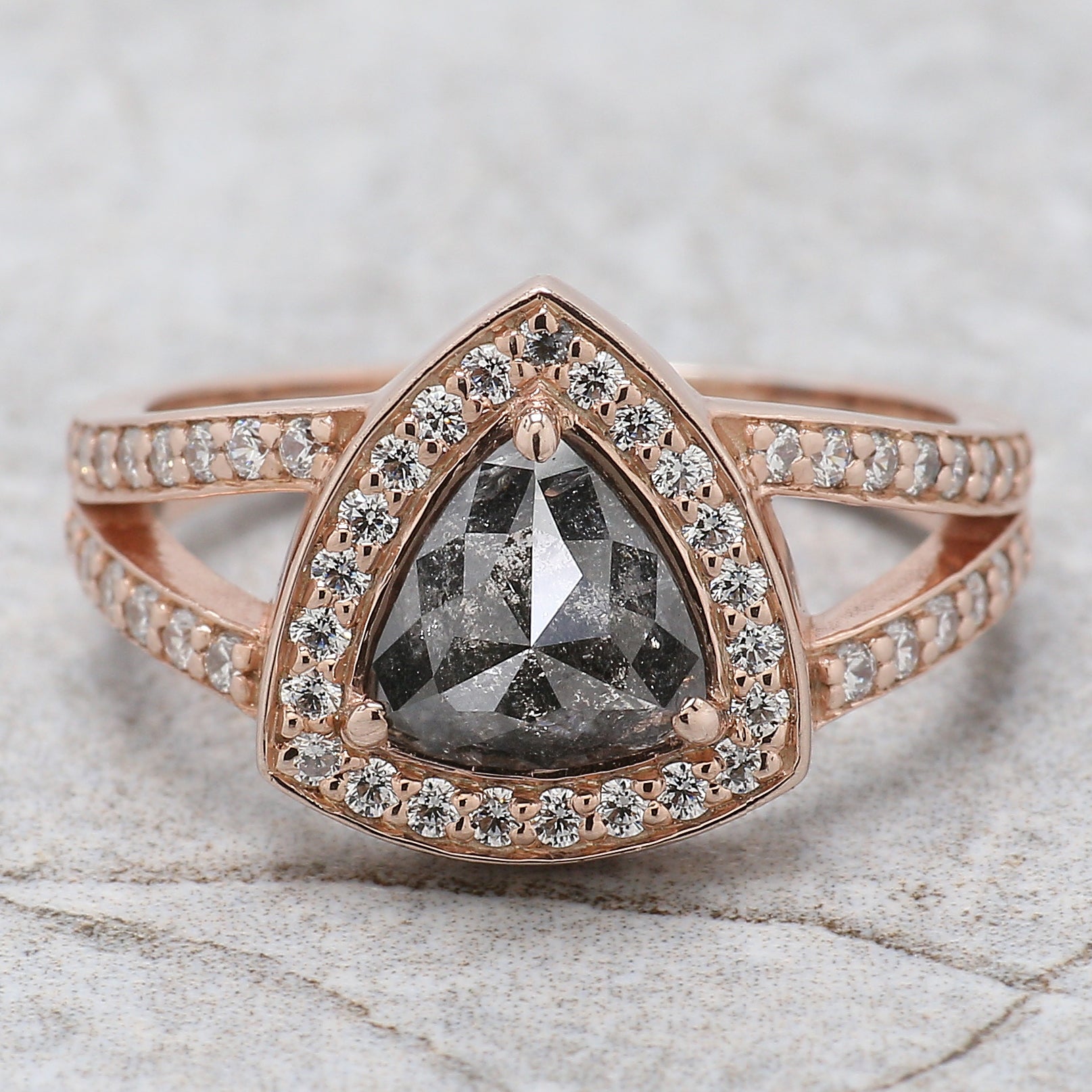 Triangle Cut Salt And Pepper Diamond Ring 1.27 Ct 7.00 MM Triangle Shape Diamond Ring 14K Solid Rose Gold Engagement Ring Gift For Her QN9661